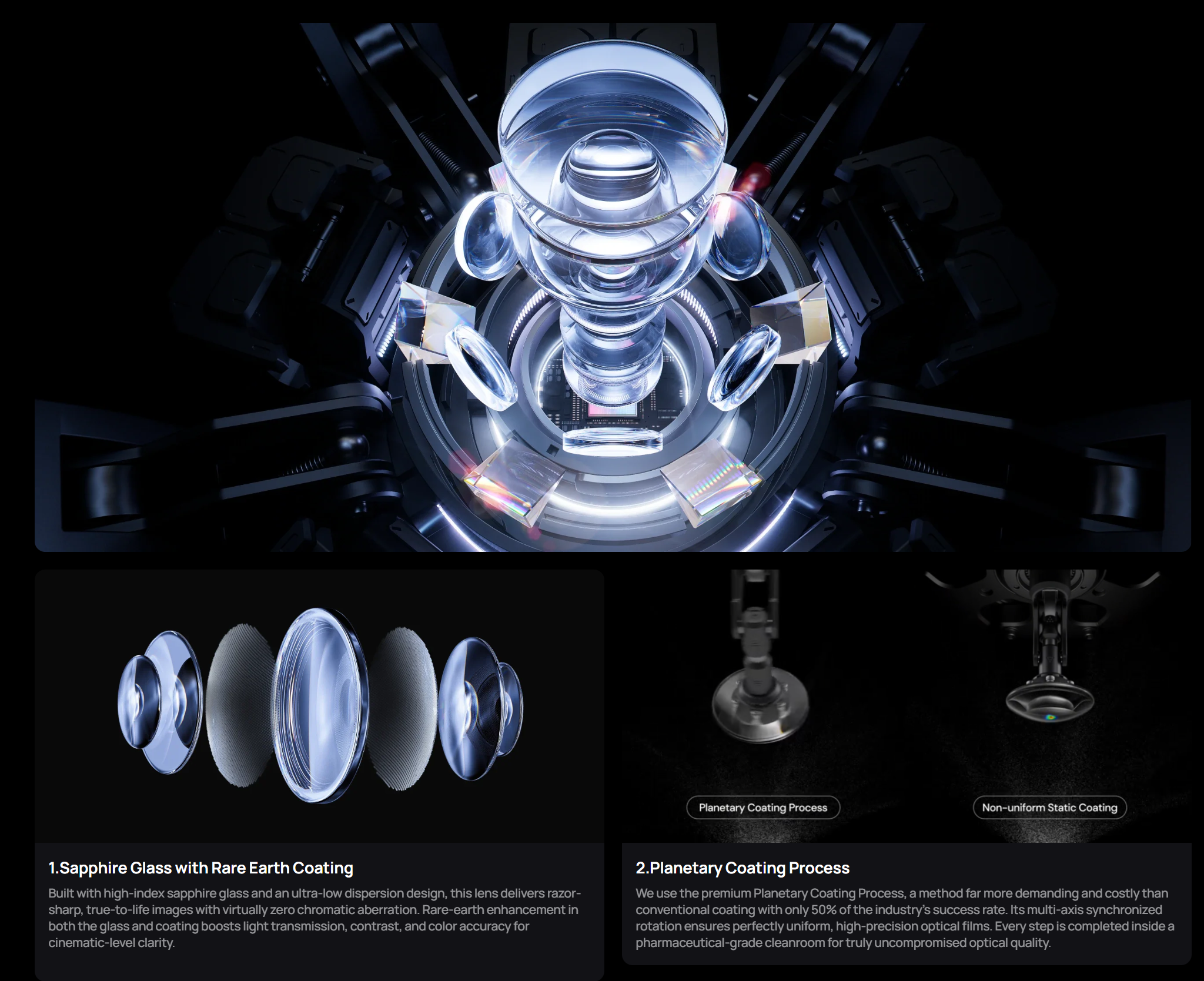 Sistema óptico del Awol Vision Aetherion, con conjunto de lentes y recubrimientos de alta precisión diseñados para mejorar nitidez, uniformidad y control del color en proyecciones de gran formato. | Imagen Créditos: Awol Vision
