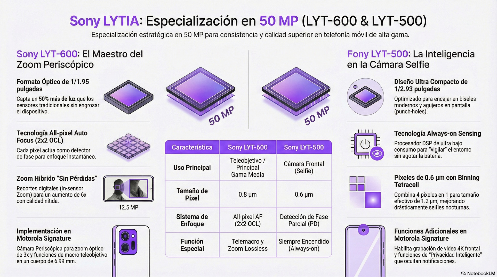 Infografía básica de los sensores Sony LYTIA 500 y 600 usados en el Motorola Signature | Creado con NotebookLM con información de Sony.