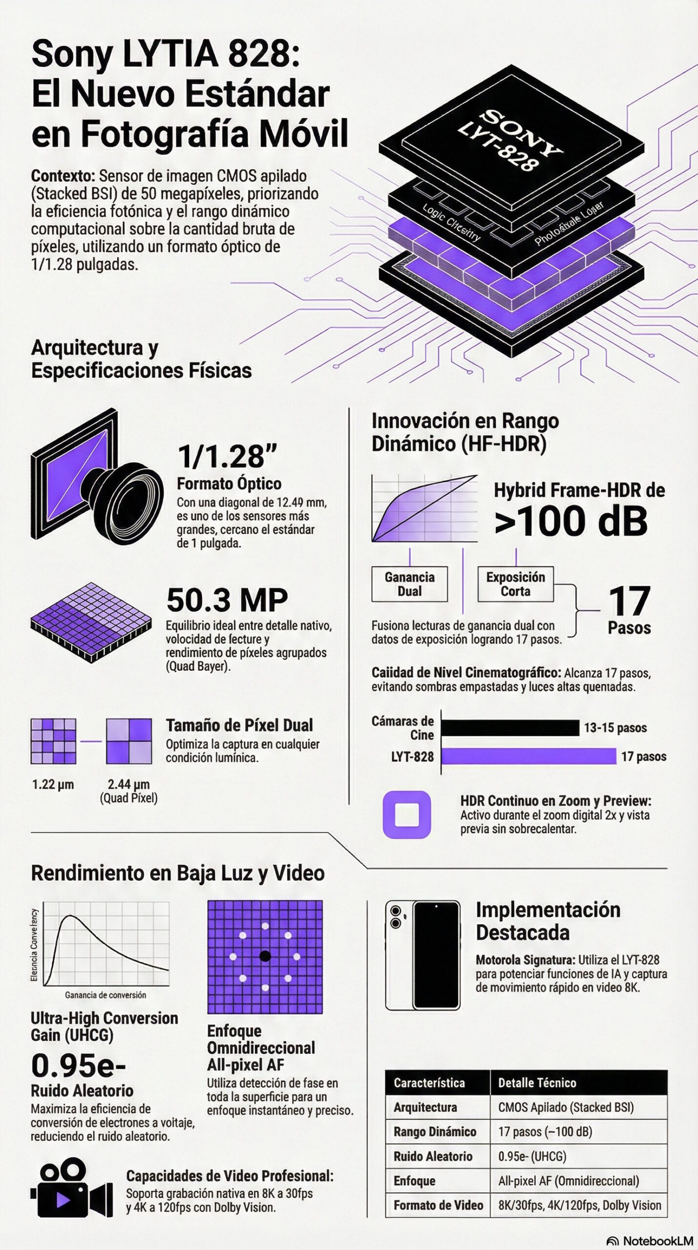 Infografía del sensor Sony LYTIA 828 de la camara principal del Motorola Signature | Creado con NotebookLM con información de Sony.