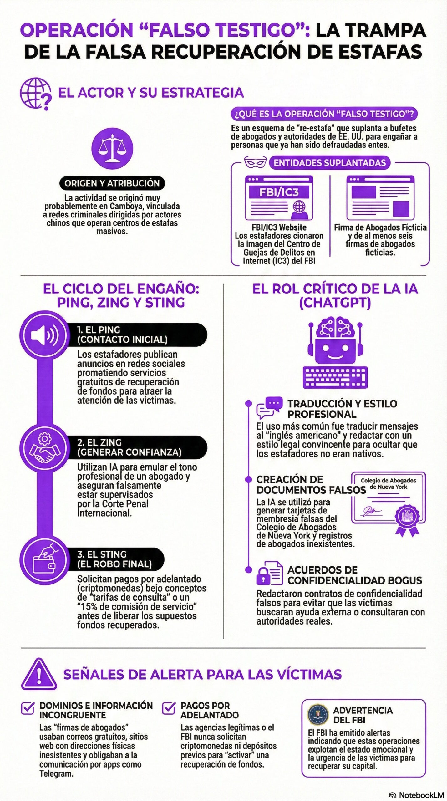 Infografía sobre la operación False Witnesss del reporte OpenAI: "Disrupting malicious uses of our models" | Creado con NotebookLM