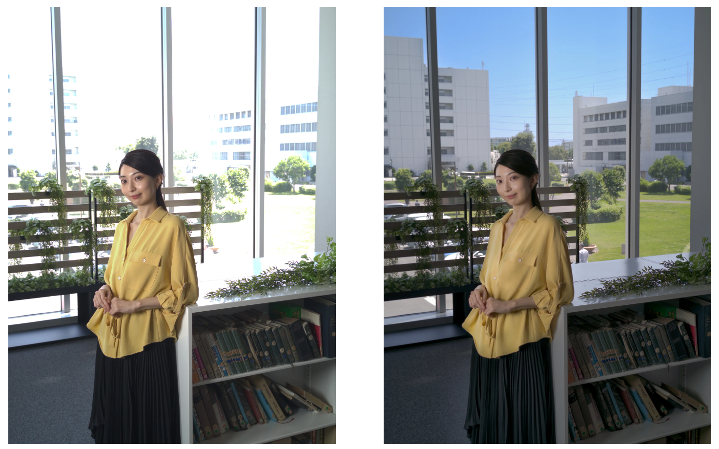 Comparativa de rendimiento HDR en zoom 2x. La imagen derecha evidencia la superioridad de la tecnología HF-HDR del sensor LYT-828, la cual recupera texturas en las altas luces exteriores que el estándar DCG-HDR pierde por saturación, manteniendo un rango dinámico efectivo superior a 100 dB incluso en recortes digitales. | Créditos: Sony