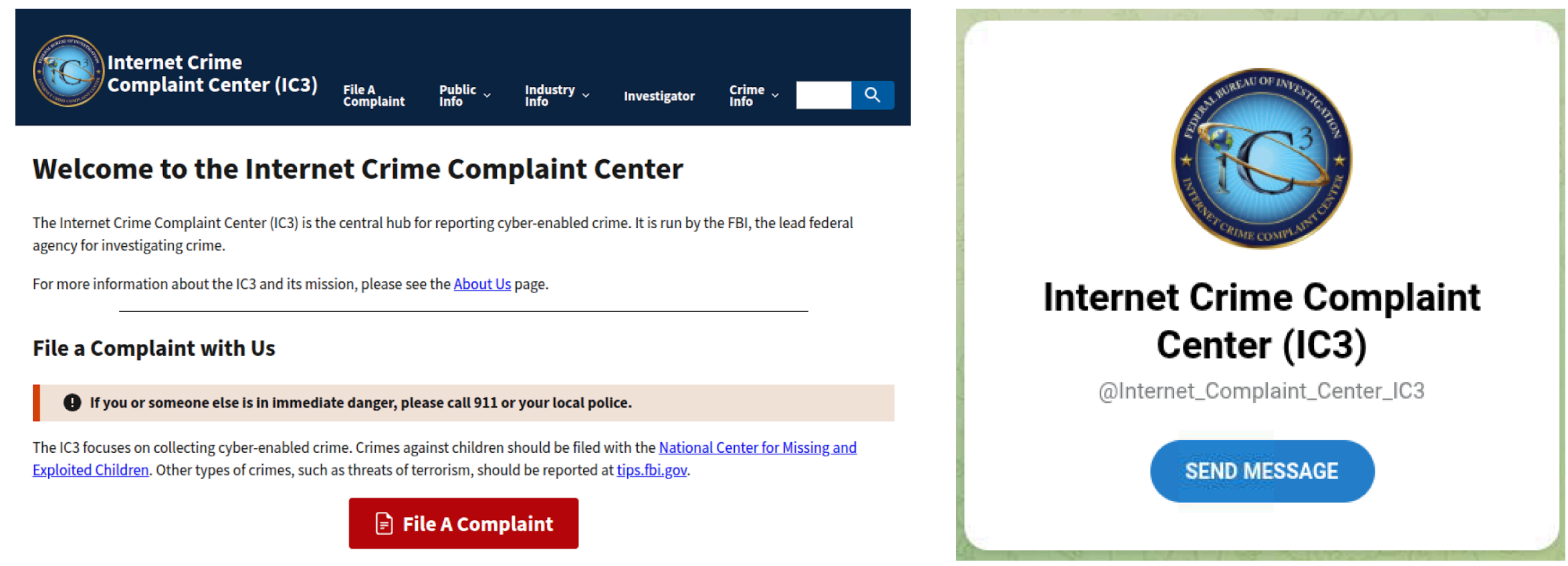Un sitio web que suplantaba la unidad IC3 del FBI y que estaba vinculado a esta estafa (arriba). Al hacer clic en “presentar una denuncia”, se redirigía a los visitantes a una cuenta de Telegram que también suplantaba identidad (abajo) | Créditos: OpenAI.