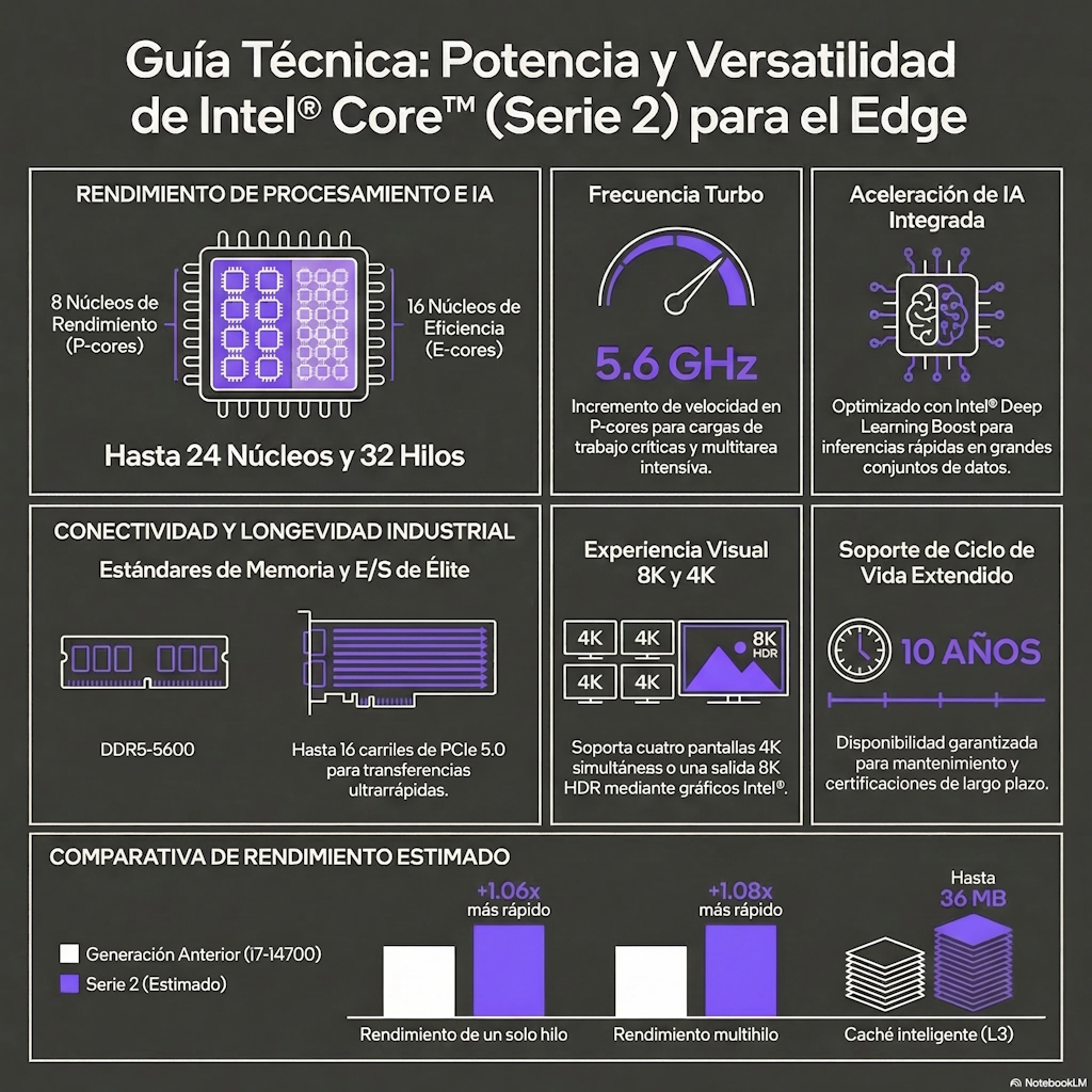 Inforgrafia con datos principales del Intel Core Series 2 para aplicaciones Edge | Creada con NotebookLM basado en información de Intel.
