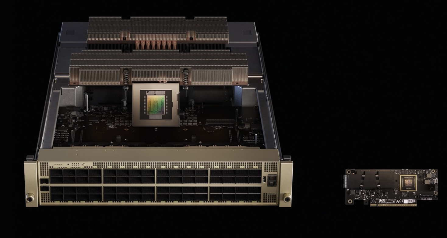Render de la plataforma de redes Ethernet NVIDIA Spectrum-X, orientada a acelerar el rendimiento de red para cargas de IA frente a implementaciones Ethernet convencionales