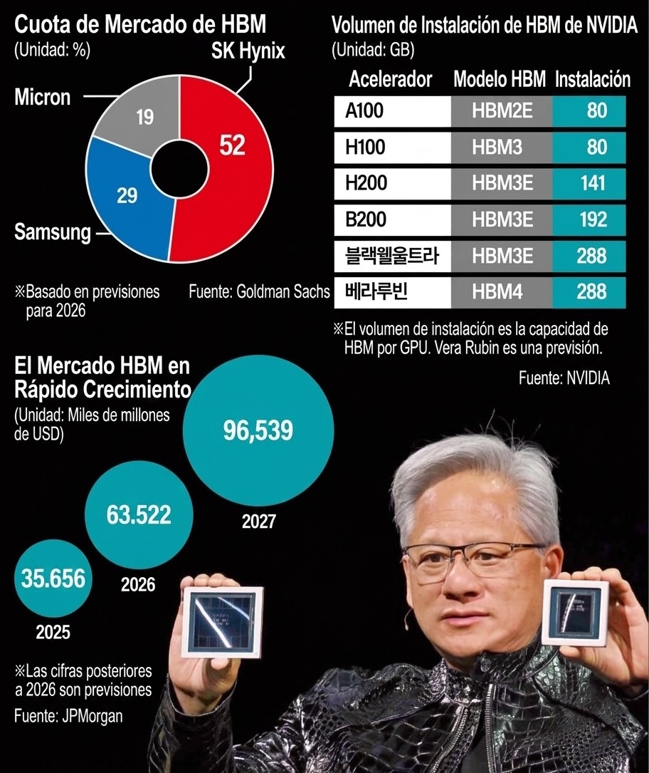 
El ecosistema HBM proyecta un crecimiento masivo hacia 2027 impulsado por la integración de hasta 288GB de capacidad en aceleradores NVIDIA avanzados y el liderazgo de SK Hynix | Crédtos: Hankyung. 