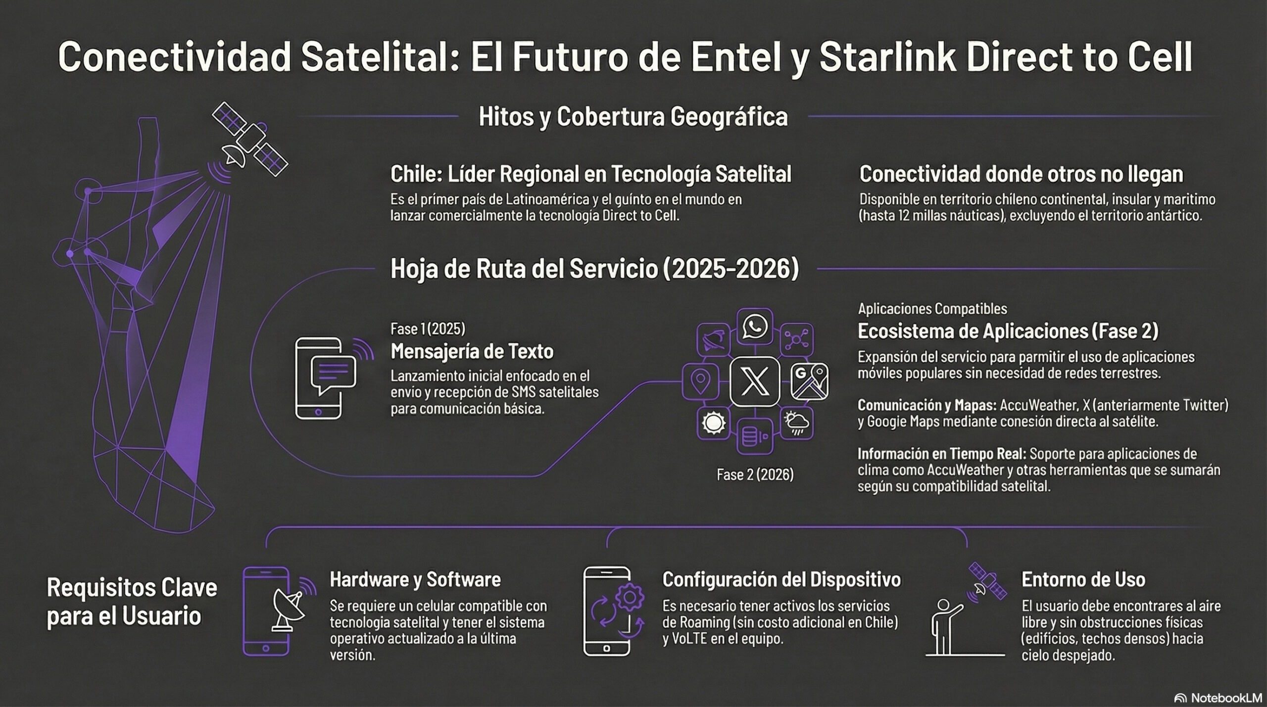 Infografía básica de la conectividad satelital que proporciona D2C de Starlink como servicio complementario a Entel | Creado con NotebookLM
