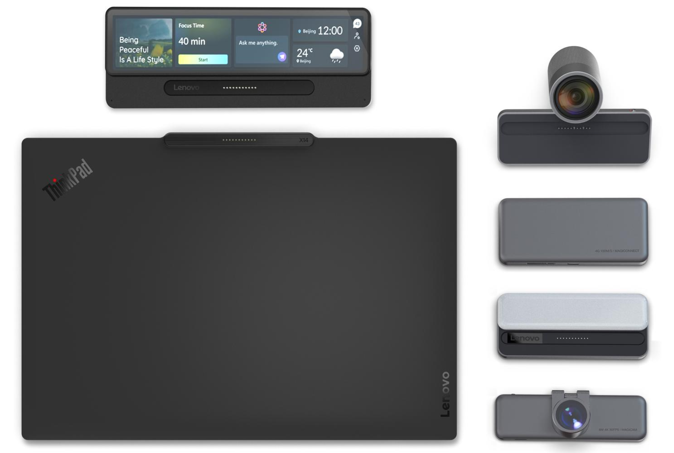 
Vista superior del nuevo Lenovo ThinkPad X14 junto a los accesorios intercambiables del sistema Magic Bay. El conjunto muestra la pantalla secundaria, cámaras de alta resolución, un módem 4G y un panel de iluminación LED que se acoplan magnéticamente al borde del equipo. | Créditos: Lenovo vía iF Design.