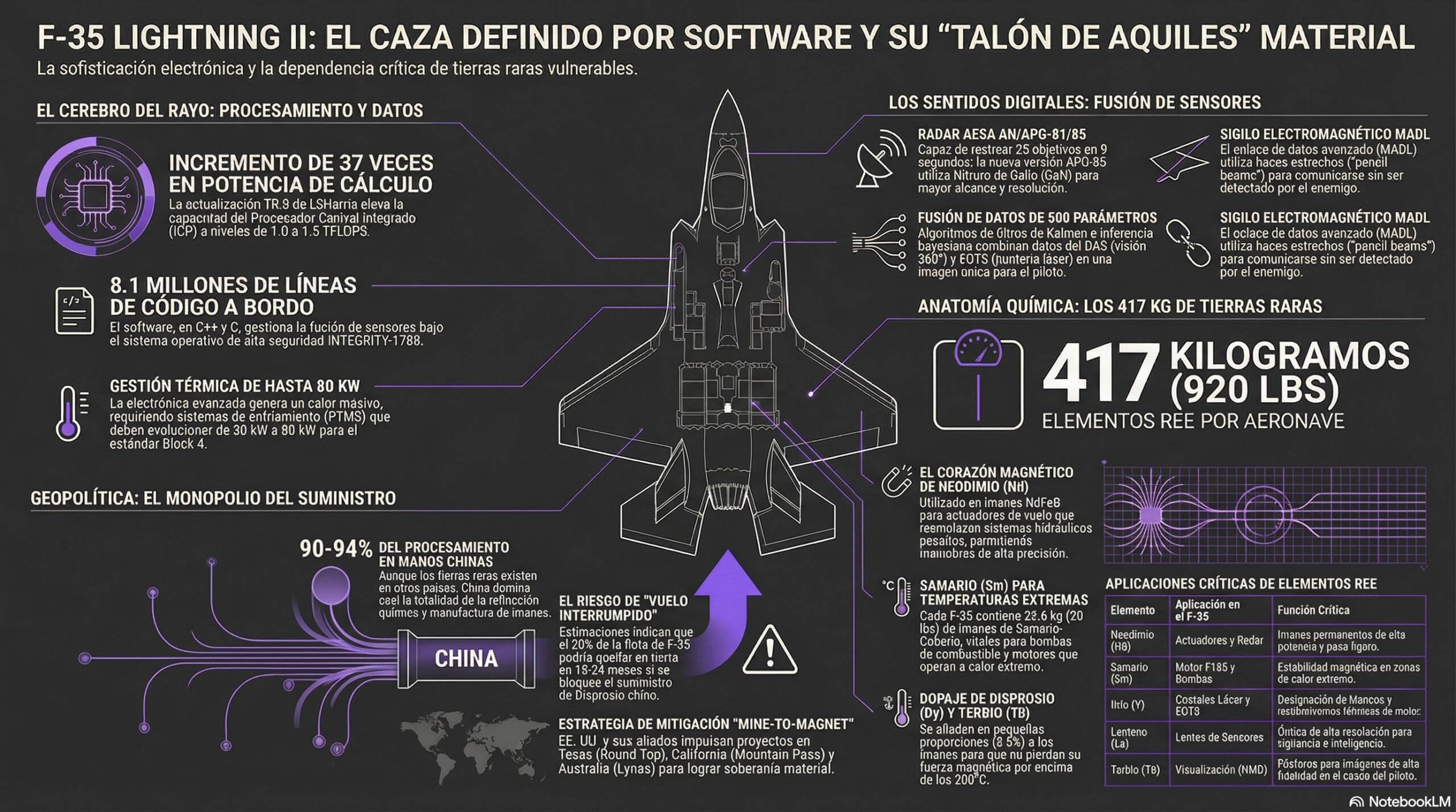 Infografía de los principales requerimientos de tierras raras del F-35A | Creado por NotebookLM