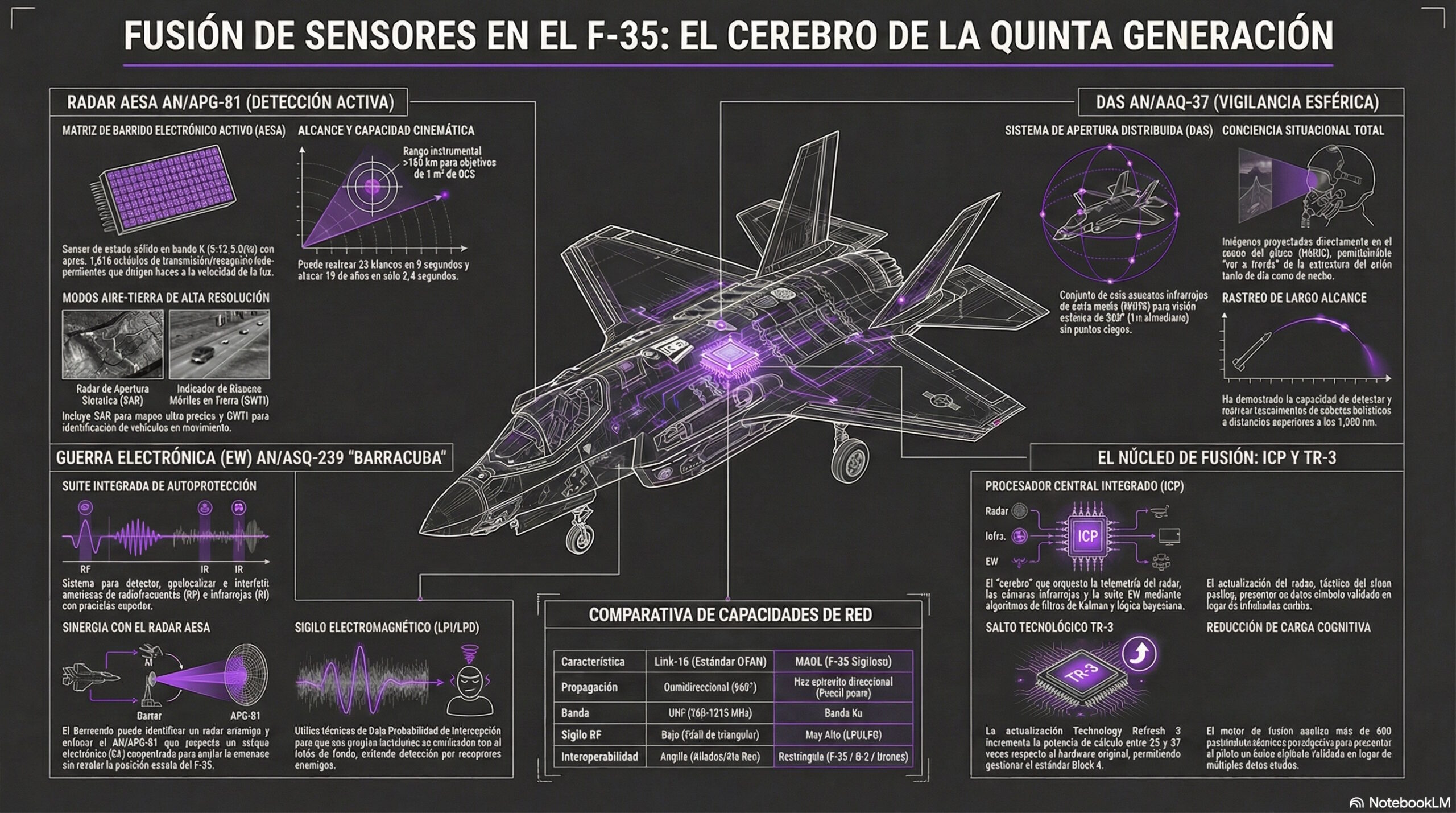 Infografía de los sensores y radares presentes en el F-35 | Creado con NotebookLM