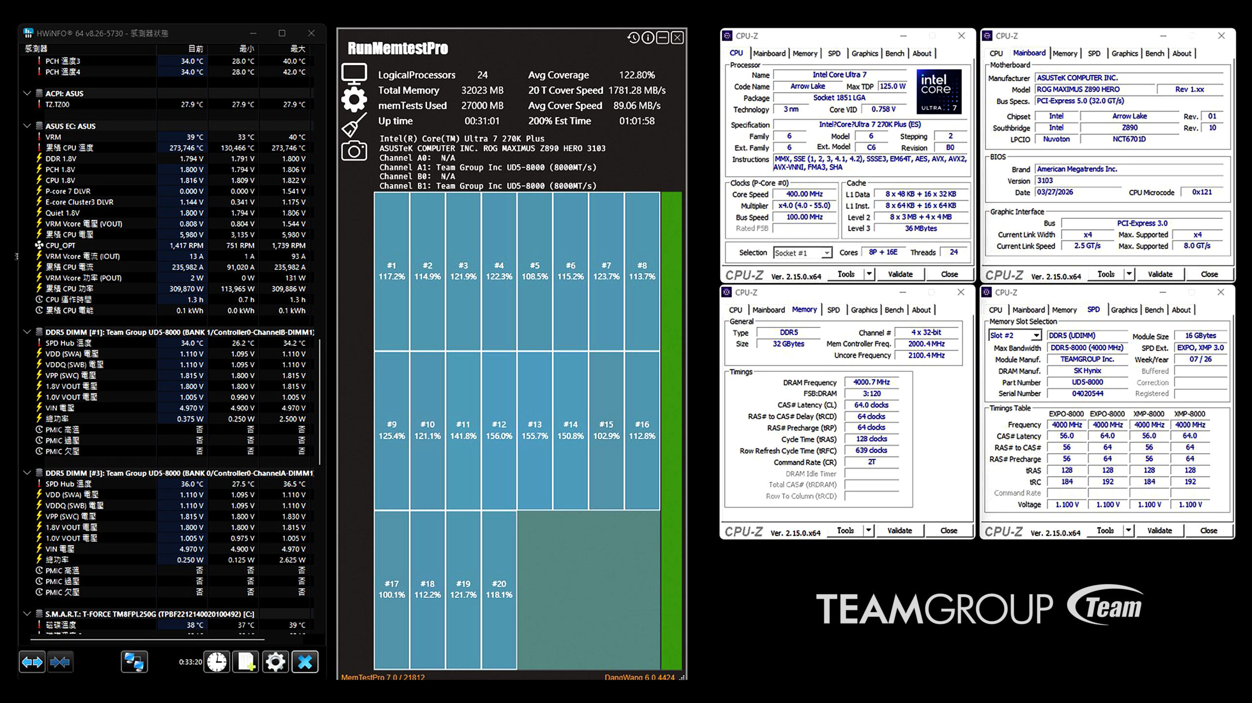 Validación del kit TEAMGROUP DDR5-8000 de 2 x 16 GB en plataforma Intel Z890, con operación a 1,1 V y latencias CL56-56-56-128.
