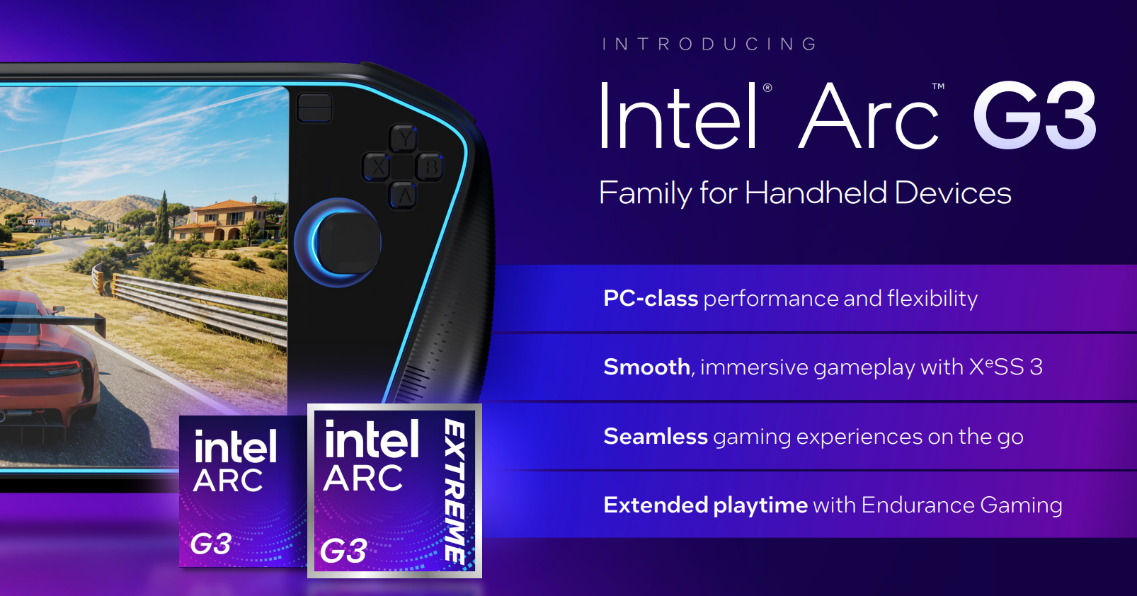 Familia Intel Arc G3 para handhelds de videojuegos con Windows 11, versiones G3 y G3 Extreme, XeSS 3 y Endurance Gaming. | Créditos: Intel.