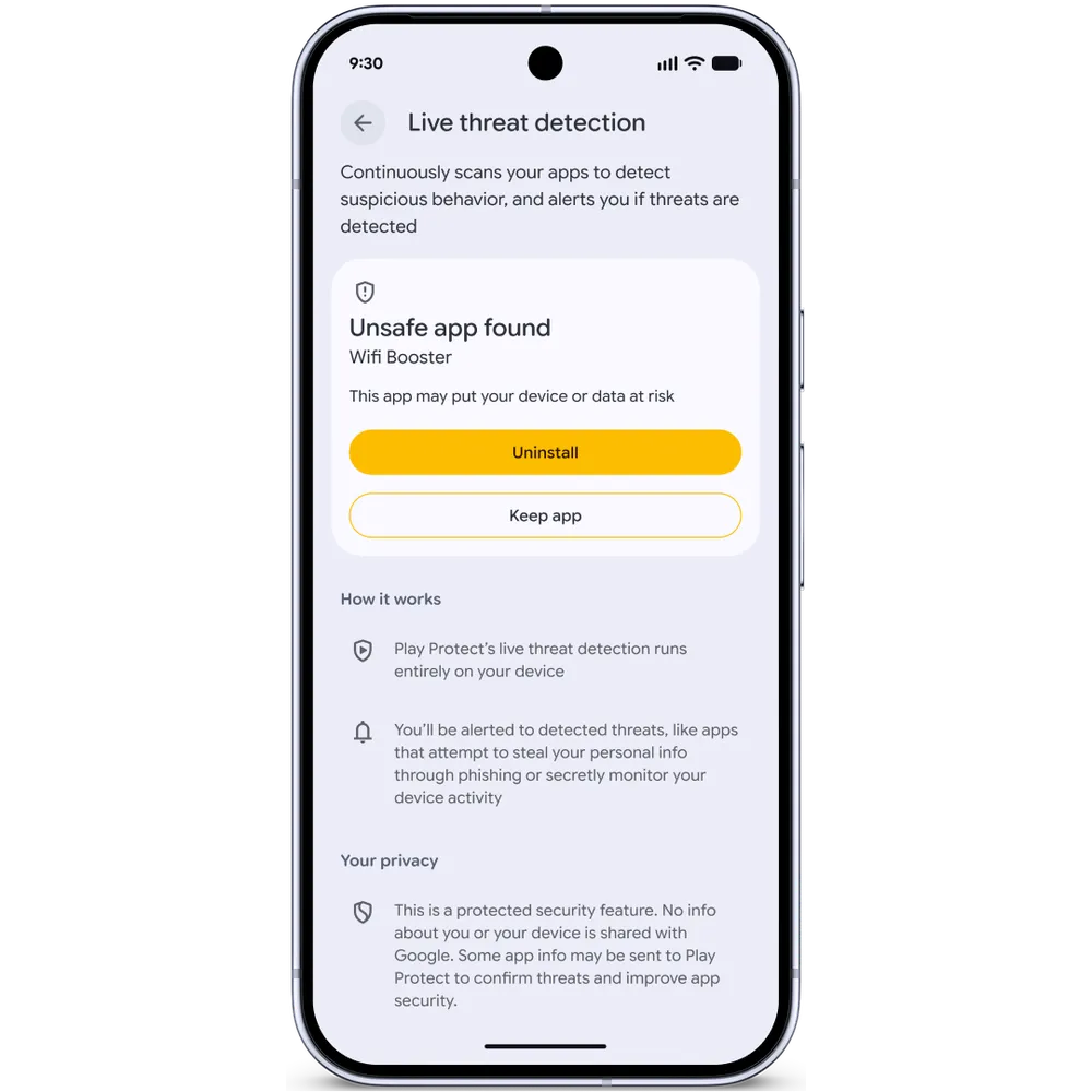 Android ampliará la detección de apps sospechosas mediante IA en el dispositivo, revisión de APK en Chrome y nuevas capas de Advanced Protection. | Créditos: Google