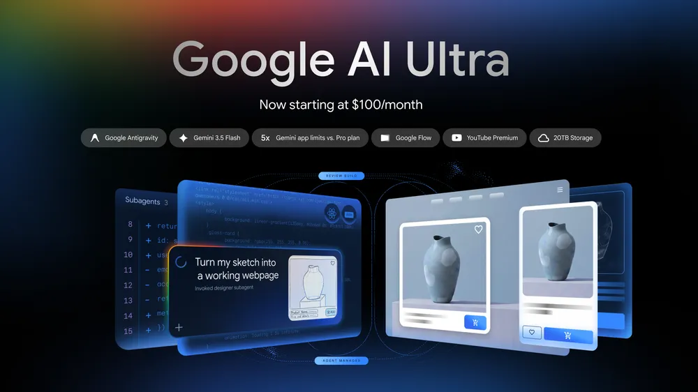 Google AI Ultra suma un plan desde US$100 mensuales con Google Antigravity, Gemini 3.5 Flash, Google Flow, YouTube Premium y 20 TB de almacenamiento. Crédito: Google.