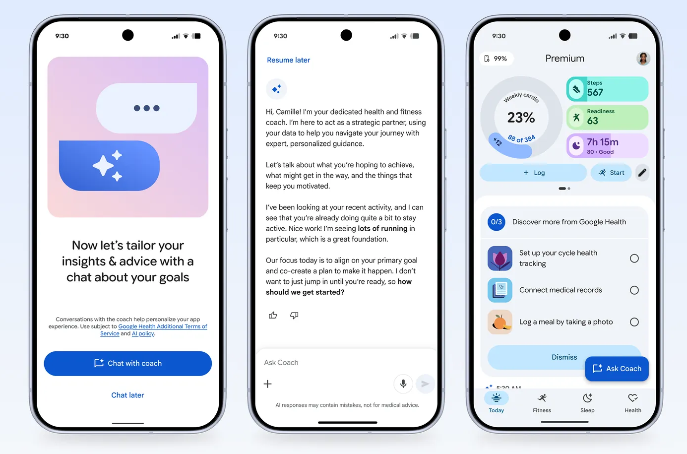 Pantallas de Google Health Coach en la app Google Health, con el inicio del asistente, una conversación personalizada y un panel de métricas desde el que se puede pedir orientación basada en los datos compartidos por el usuario. | Créditos: Google.