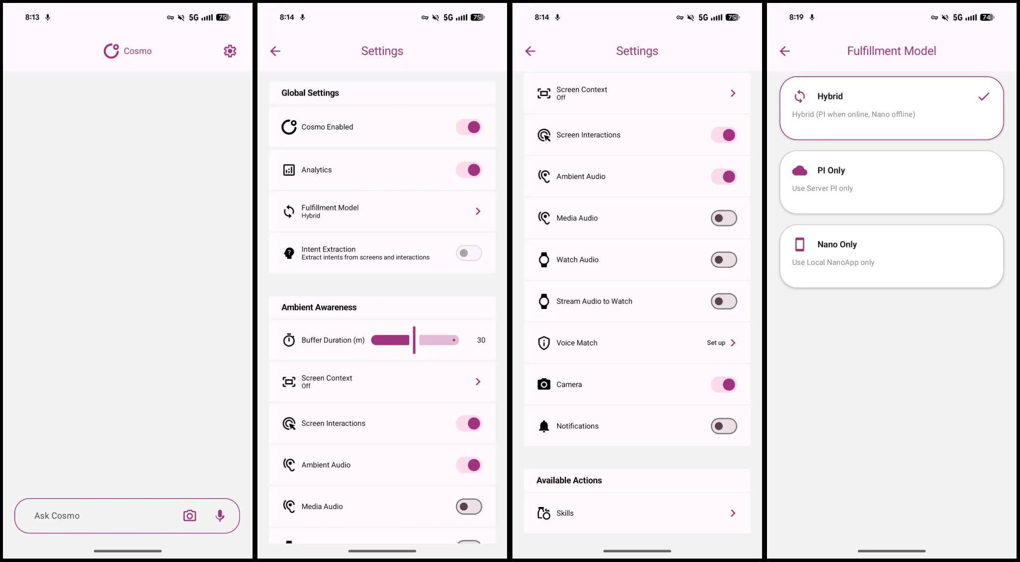 Capturas de COSMO en Android muestran la interfaz básica de chat, los ajustes de permisos y el selector de modelo con opciones híbrida, PI Only y Nano Only.