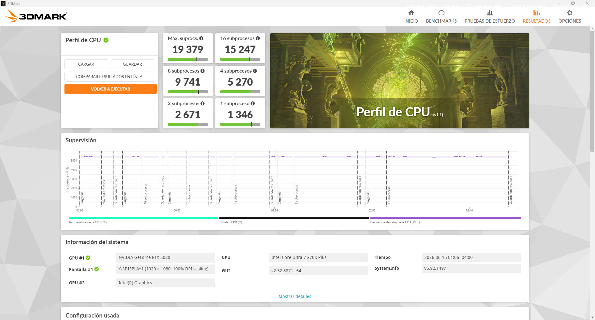 3DMark CPU Profile mide el escalamiento del Intel Core Ultra 7 270K Plus desde cargas de un subproceso hasta el uso completo de sus hilos disponibles. | Créditos: Pisapapeles.