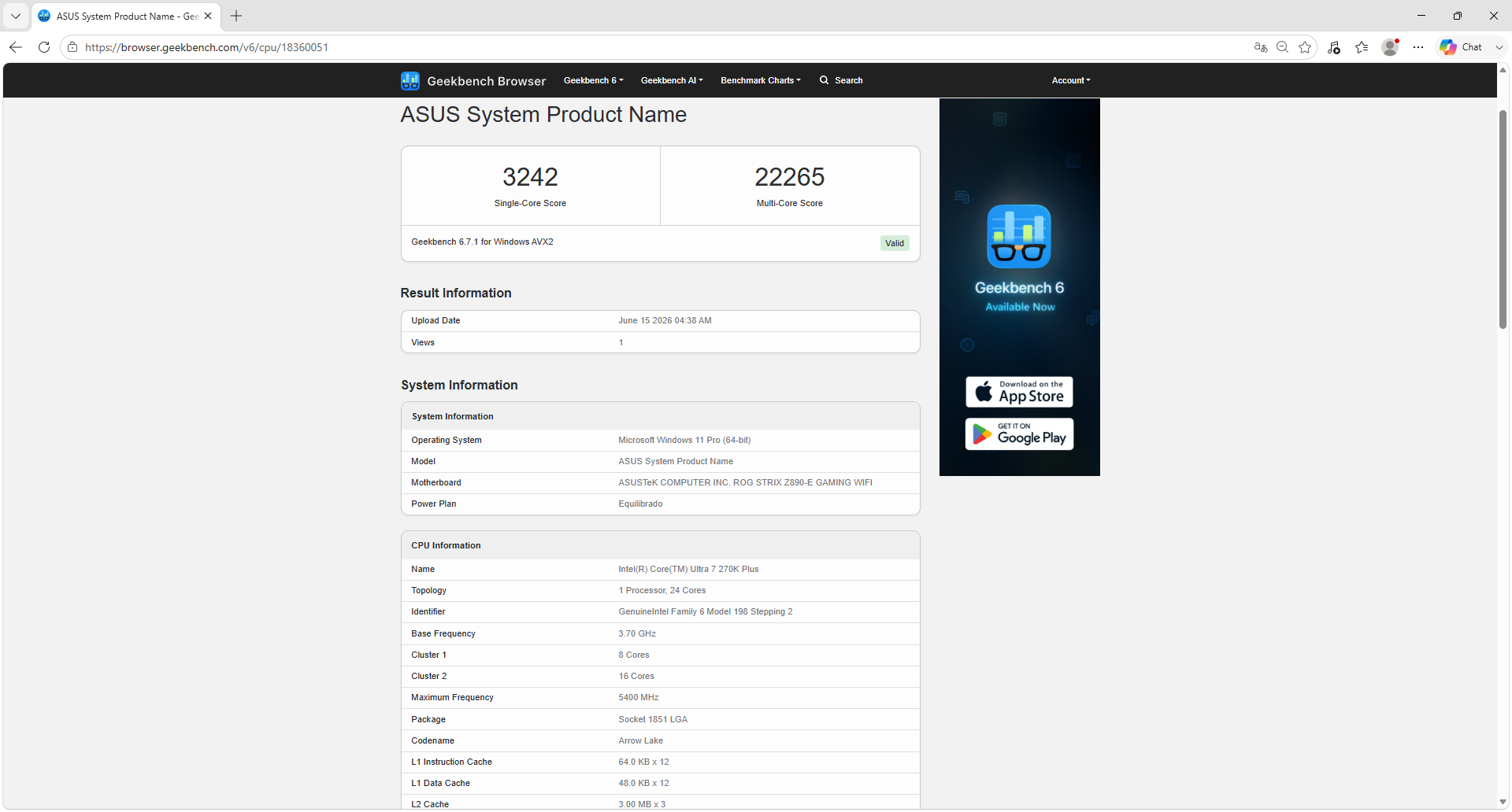 La imagen tiene un atributo ALT vacío; su nombre de archivo es 08-Intel-Core-Ultra-7-270K-Plus-Geekbench-6.7.1.png
Geekbench 6.7.1 entrega resultados separados para rendimiento single-core y multi-core, lo que permite observar el desempeño por núcleo y el rendimiento agregado del procesador. | Créditos: Pisapapeles