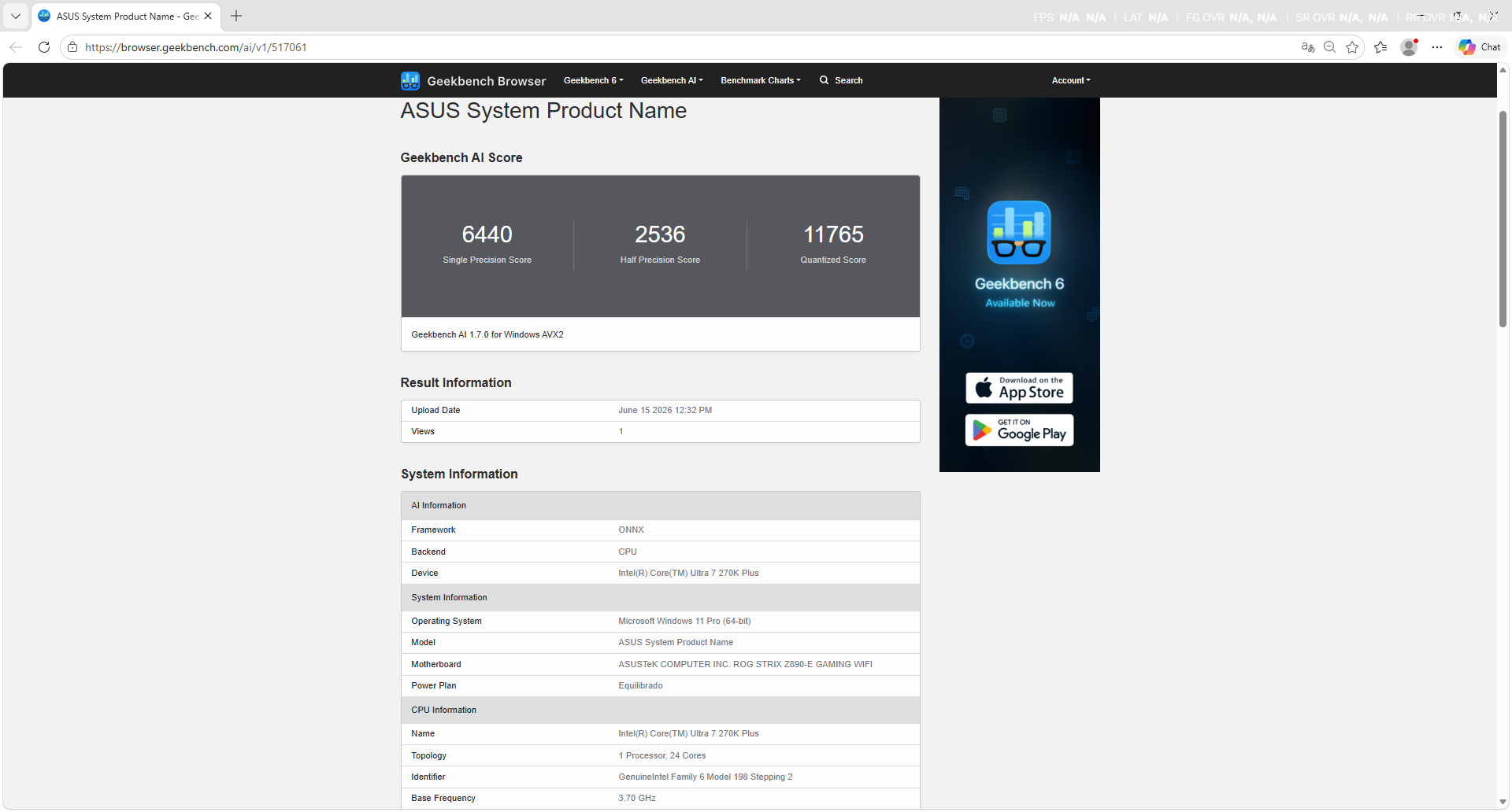 Geekbench AI 1.7.0 mide el rendimiento del Intel Core Ultra 7 270K Plus en cargas de inferencia ejecutadas sobre CPU mediante ONNX. | Créditos: Pisapapeles.