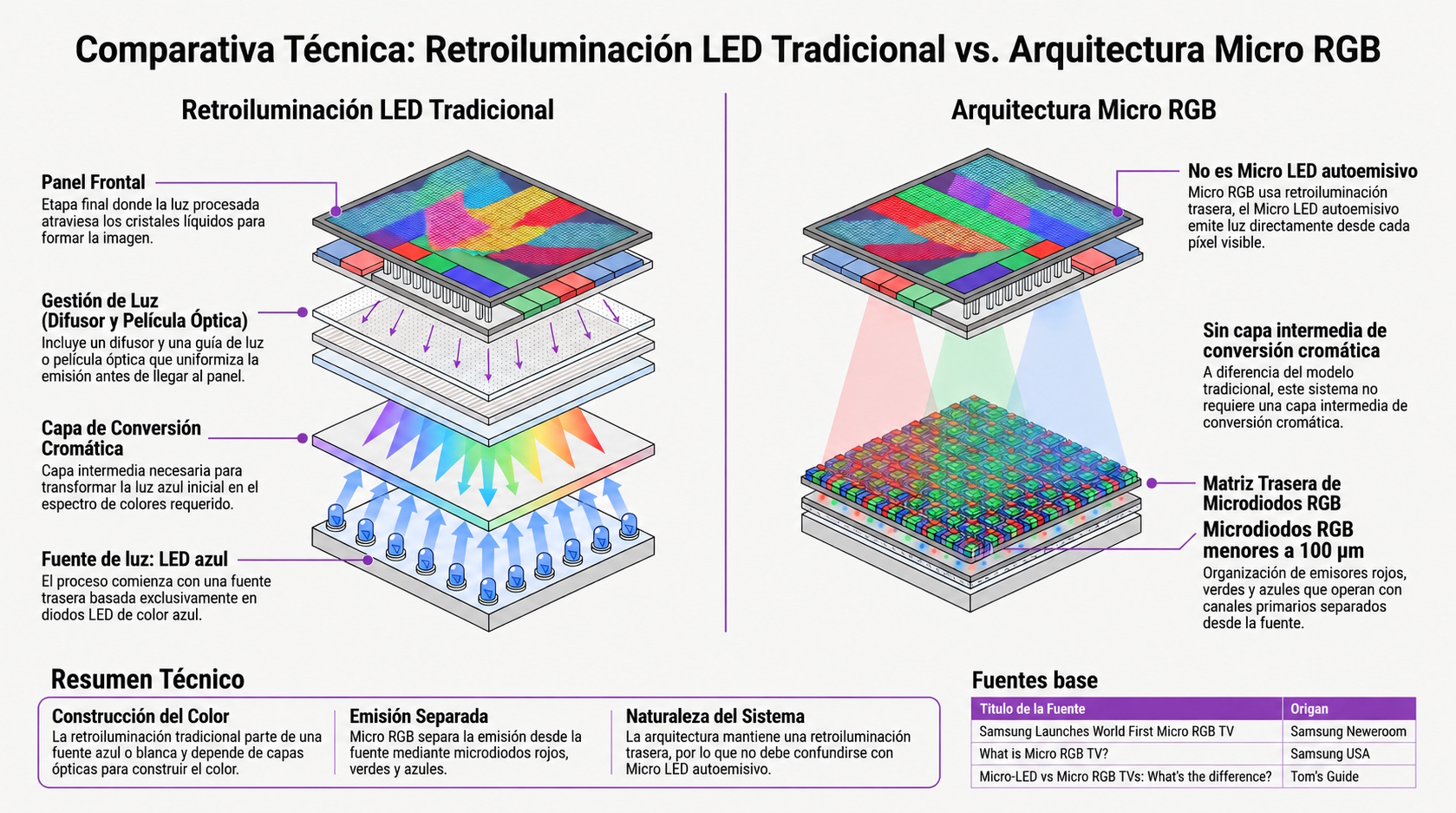 Infografía sobre la comparación entre la retroiluminación LED tradicional vs Micro RG. | Creado con NotebookLM