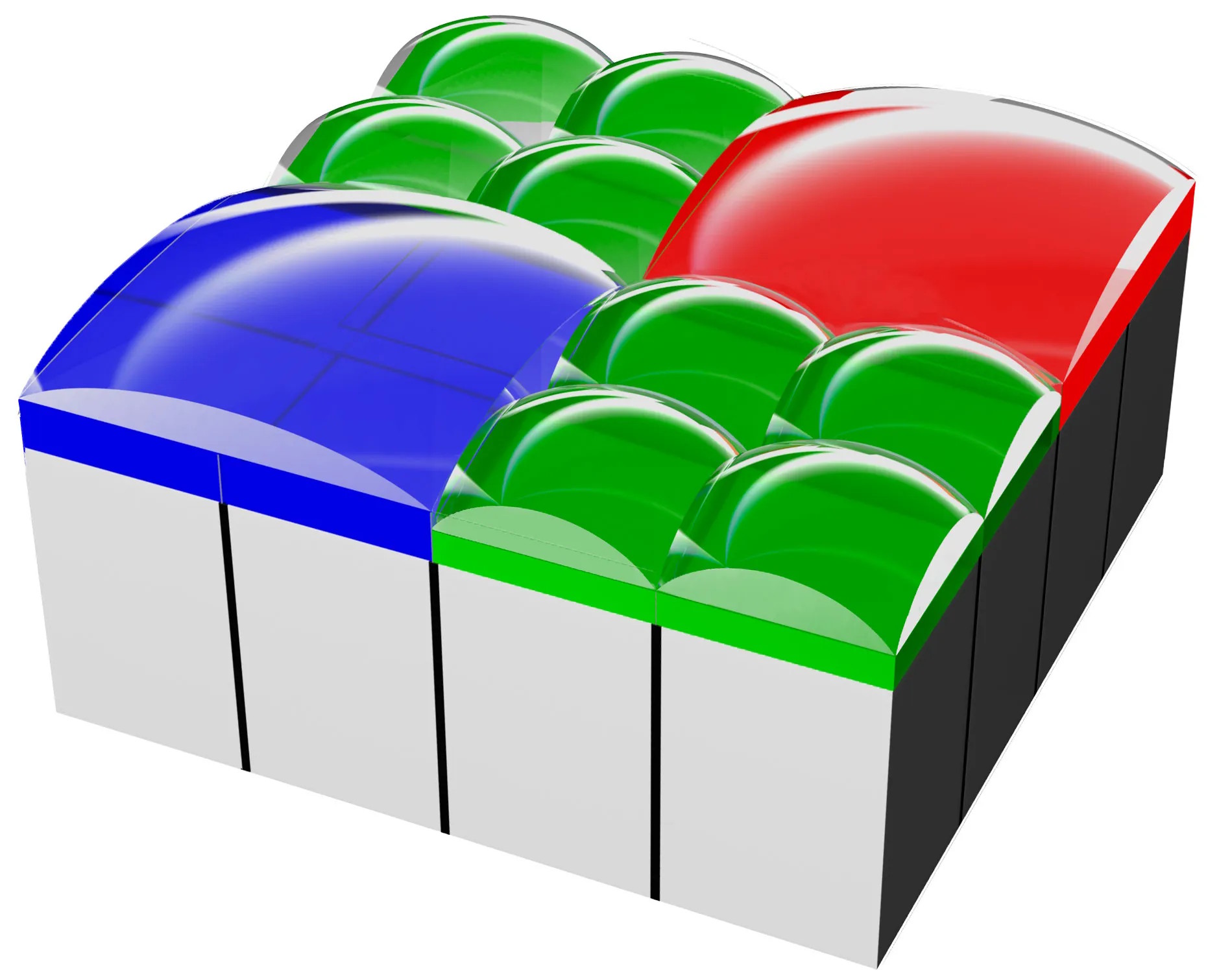 Diagrama estructural del RB2×2 OCL, con lentes 1×1 para los píxeles verdes y lentes 2×2 para los grupos rojos y azules. | Créditos: Sony