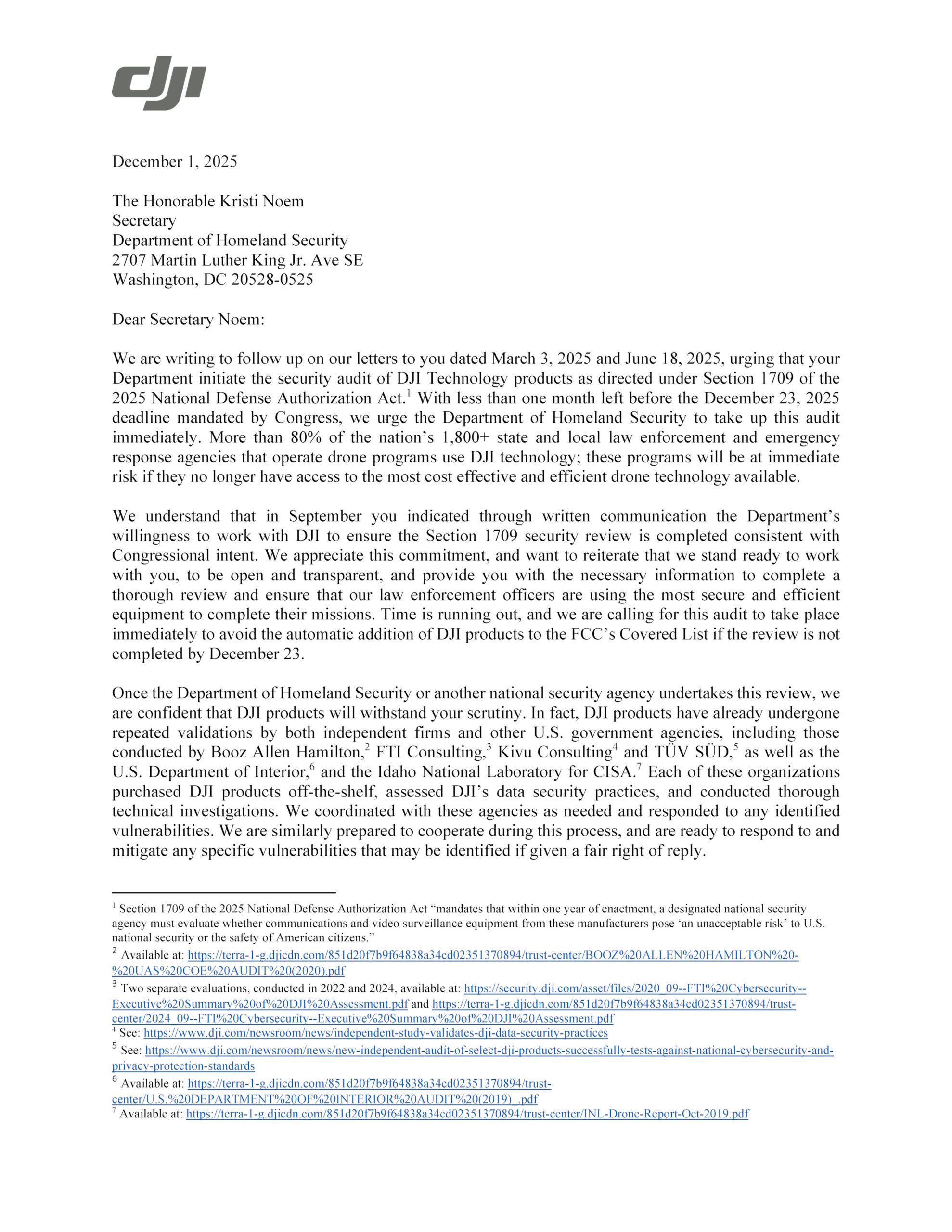 Carta de DJI a Kristi Noem, secretaria del Departamento de Seguridad Nacional de Estados Unidos en diciembre de 2025