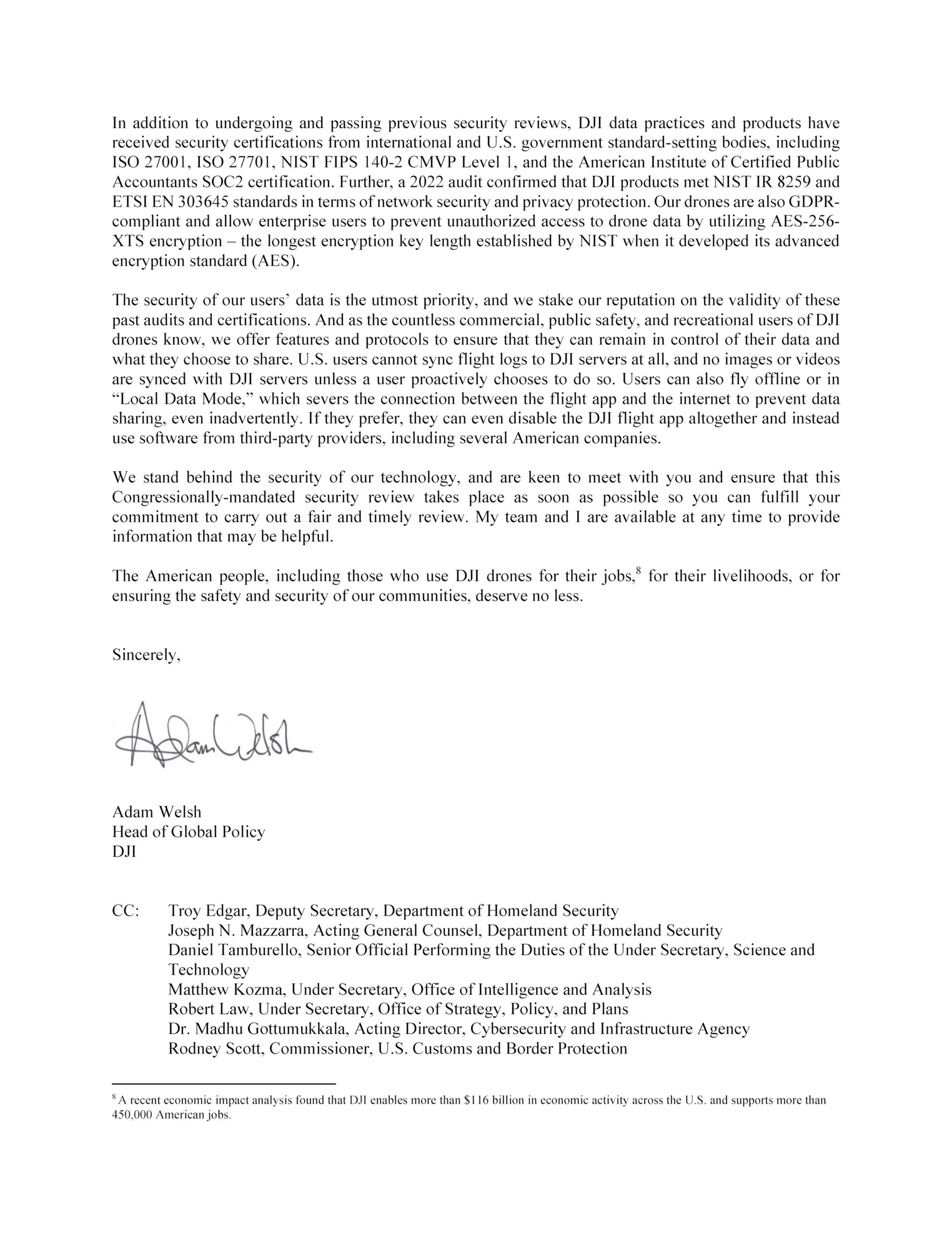 Carta de DJI a Kristi Noem, secretaria del Departamento de Seguridad Nacional de Estados Unidos en diciembre de 2025