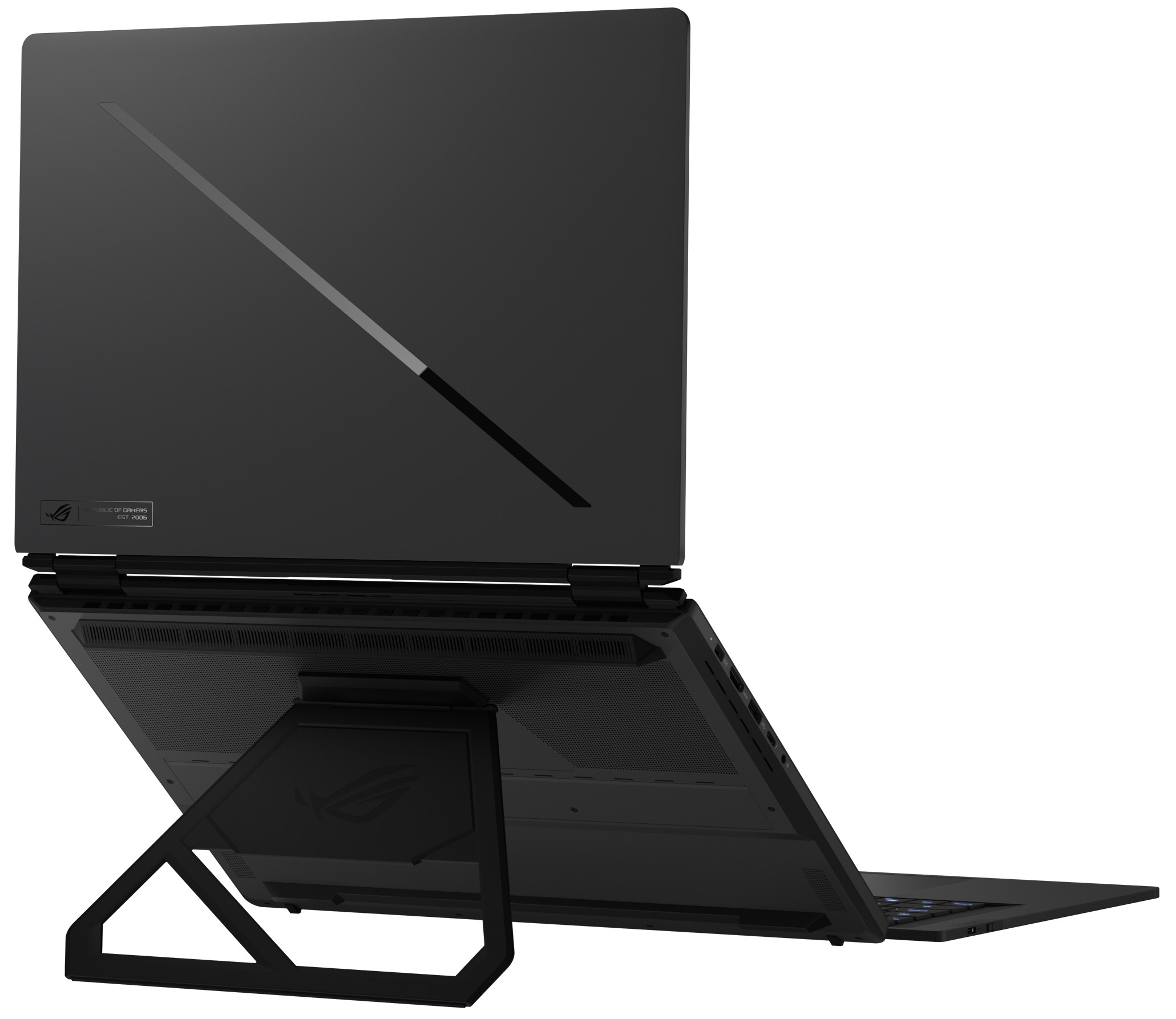 
Vista trasera y del soporte del Zephyrus Duo. | Créditos: ASUS.