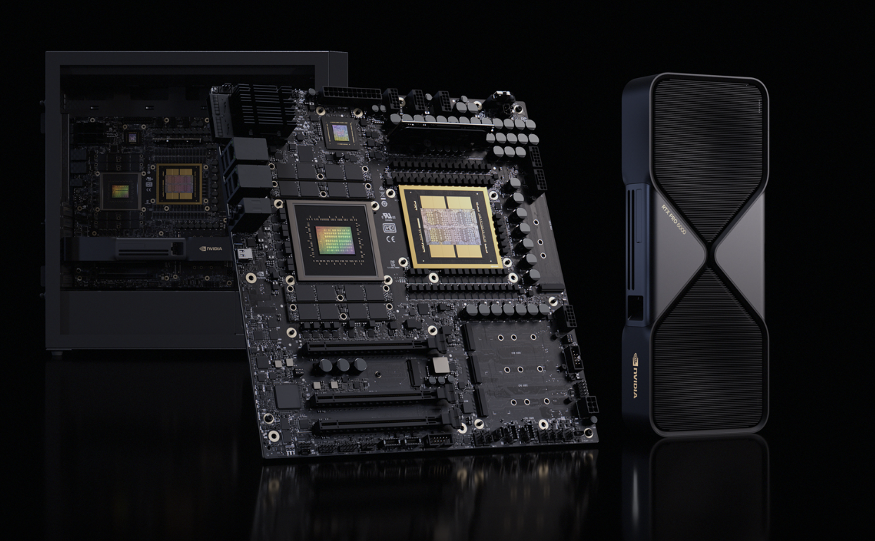 La imagen tiene un atributo ALT vacío; su nombre de archivo es image-20.png
NVIDIA DGX Station con su placa interna y GPU RTX PRO 6000, en una configuración orientada a cargas locales de IA, visualización y simulación. El sistema usa el superchip GB300 Grace Blackwell Ultra Desktop y puede incorporar una GPU RTX PRO adicional según la configuración del fabricante. | Créditos: NVIDIA