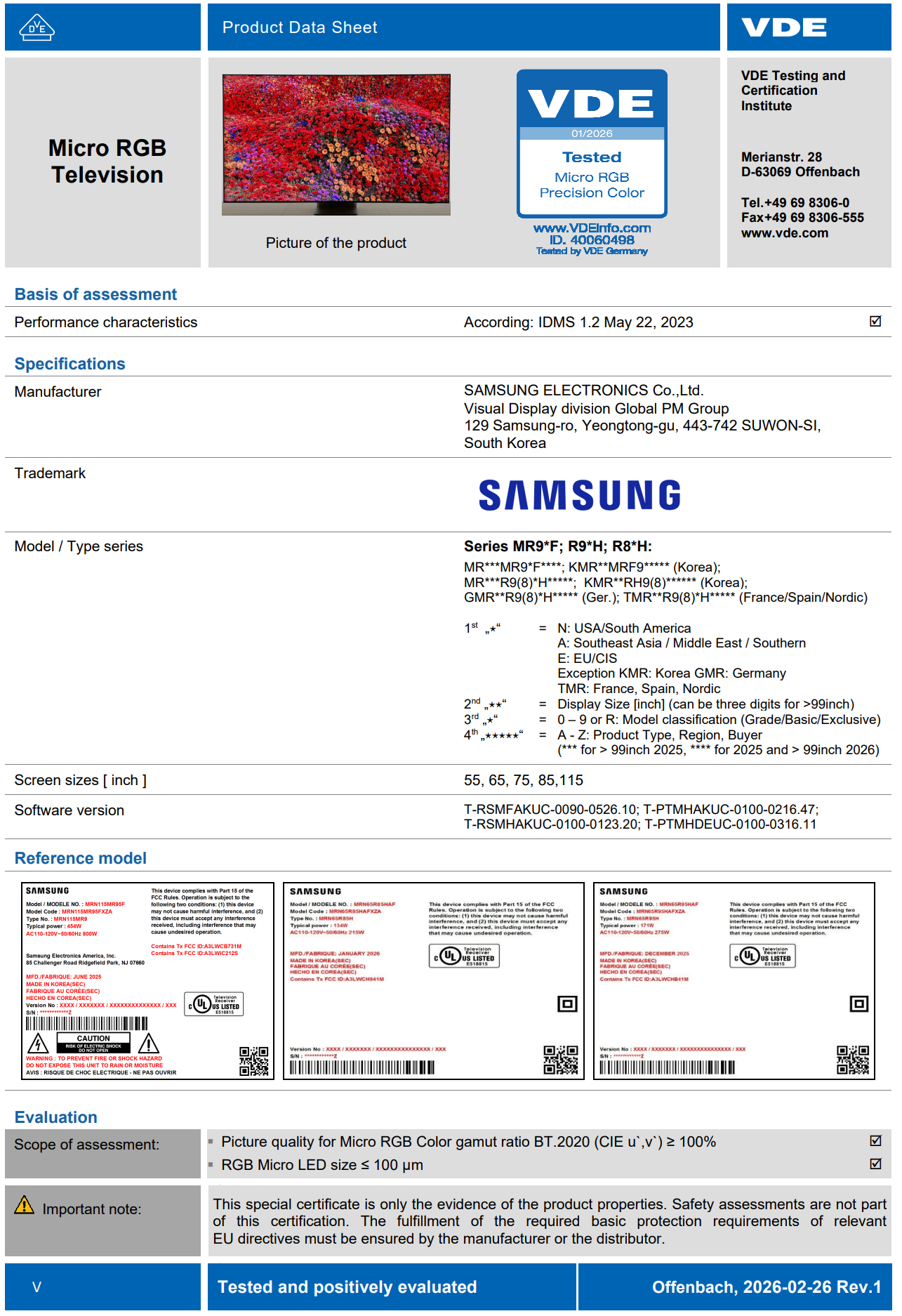 Ficha de datos del certificado VDE Micro RGB Precision Color para televisores Micro RGB de Samsung, con evaluación de cobertura BT.2020 ≥ 100% y tamaño de micro LED RGB ≤ 100 µm. Fuente: VDE Testing and Certification Institute.