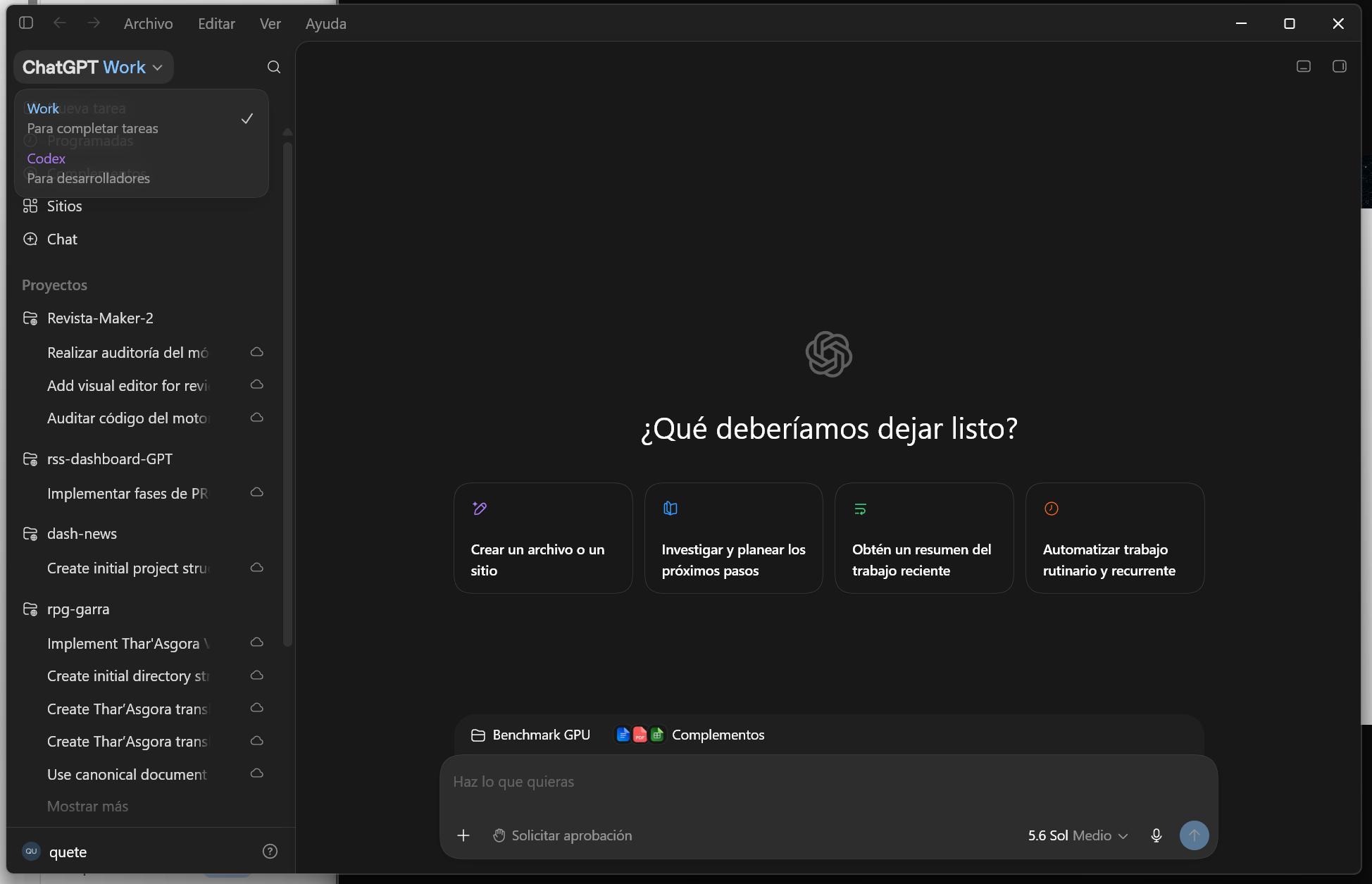 La aplicación de escritorio muestra Work junto con Codex, las tareas programadas y Sites | Créditos: Pisapapeles