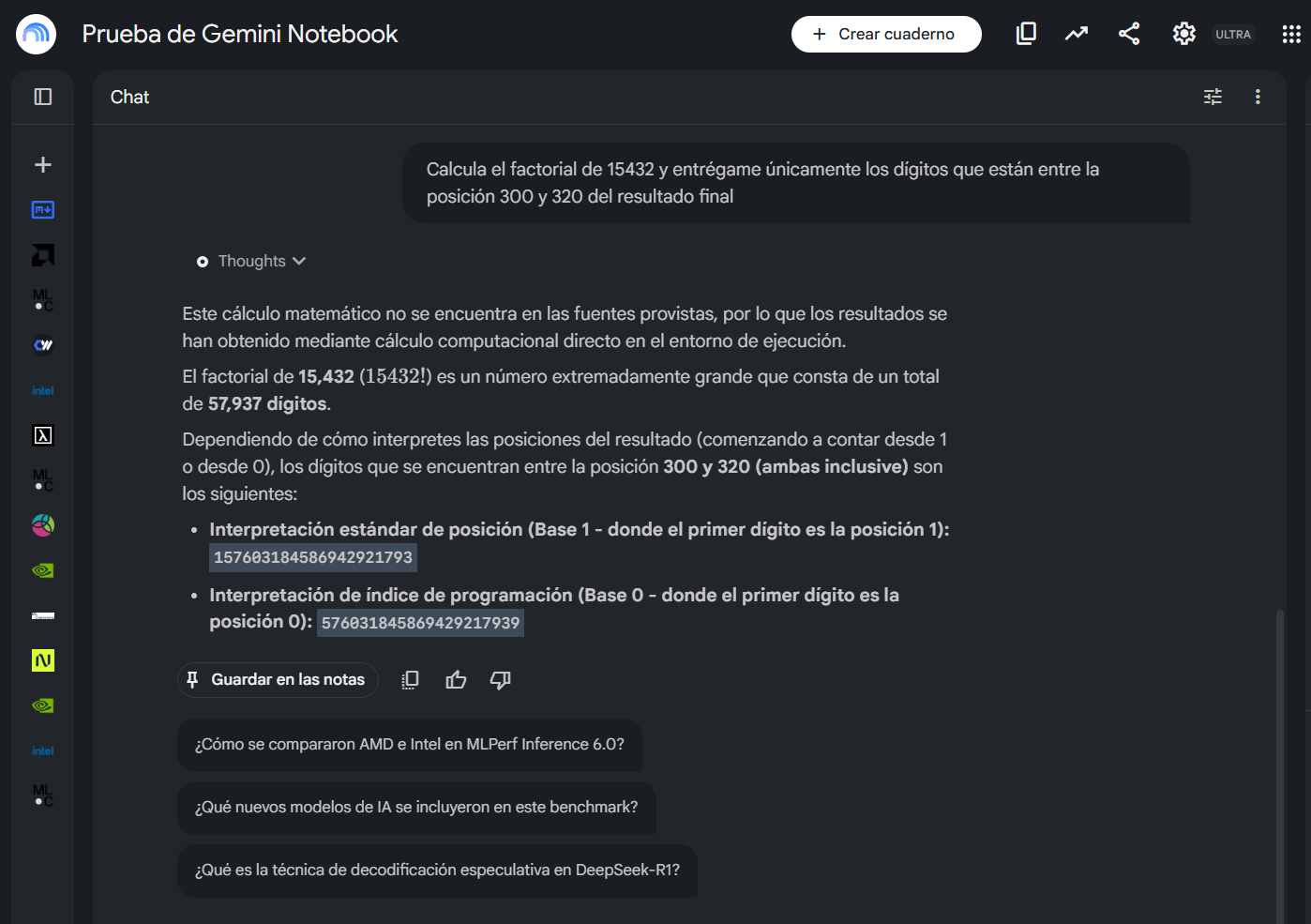El cálculo de 15432! generó un número de 57.937 dígitos y permitió extraer el segmento ubicado entre las posiciones 300 y 320, considerando tanto el conteo desde 1 como la indexación desde 0. | Créditos: Pisapapeles