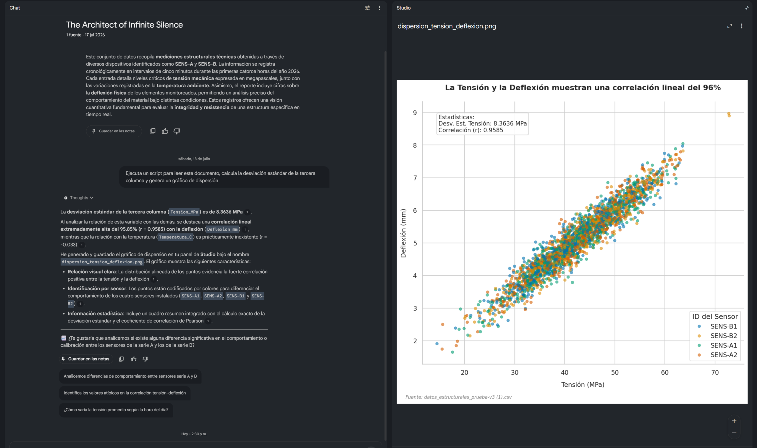 Tras procesar un archivo CSV, Gemini Notebook calculó una desviación estándar de 8.3636 MPa para la tercera columna y generó un gráfico de dispersión entre tensión y deflexión, con una correlación de Pearson de 0.9585. | Créditos Pisapapeles