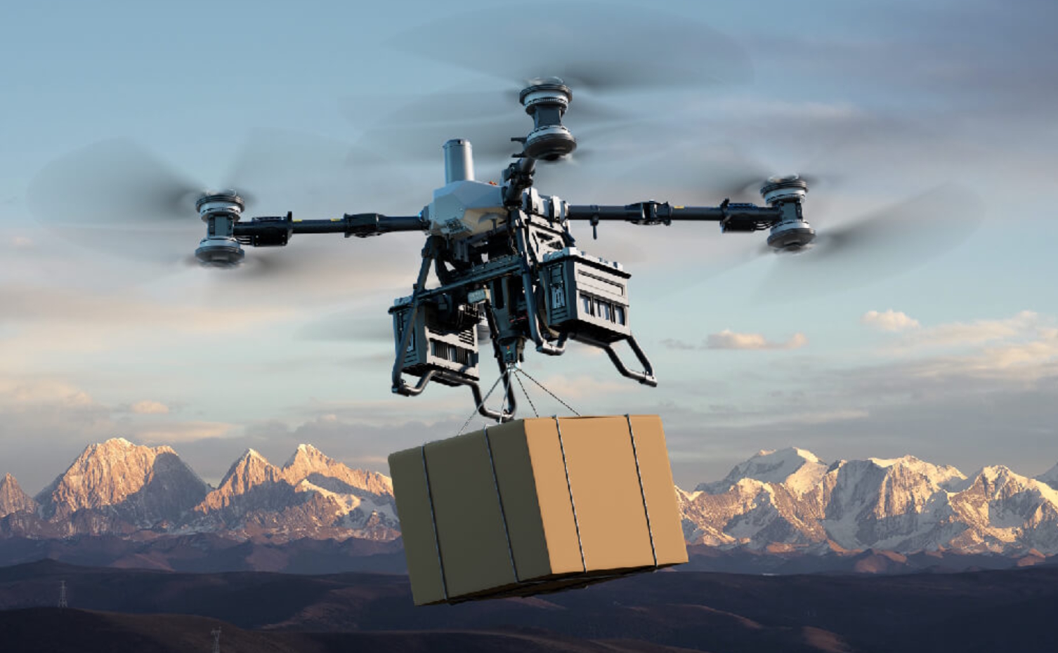 Imagen del dron FlyCart 100 trasladando equipamiento. | Créditos: DJI.