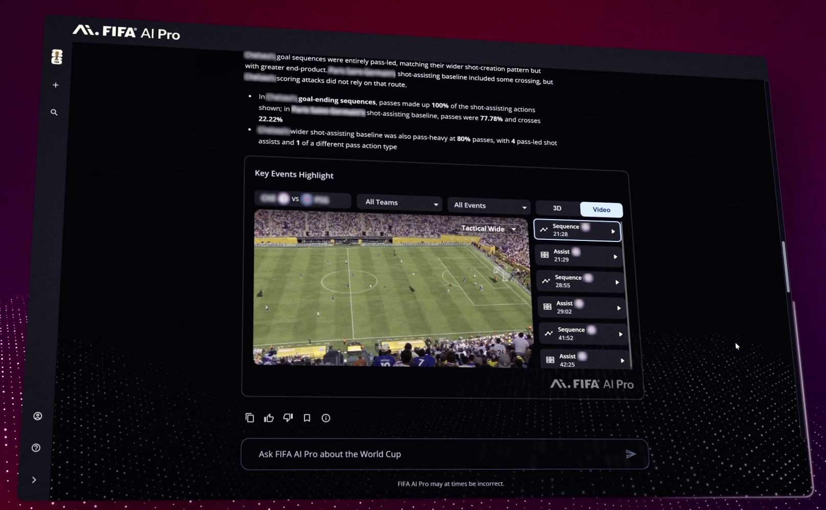 FIFA AI Pro agrupó acciones clave del partido y permitió revisarlas mediante video o reconstrucciones tridimensionales desde la misma interfaz. | Créditos: Lenovo