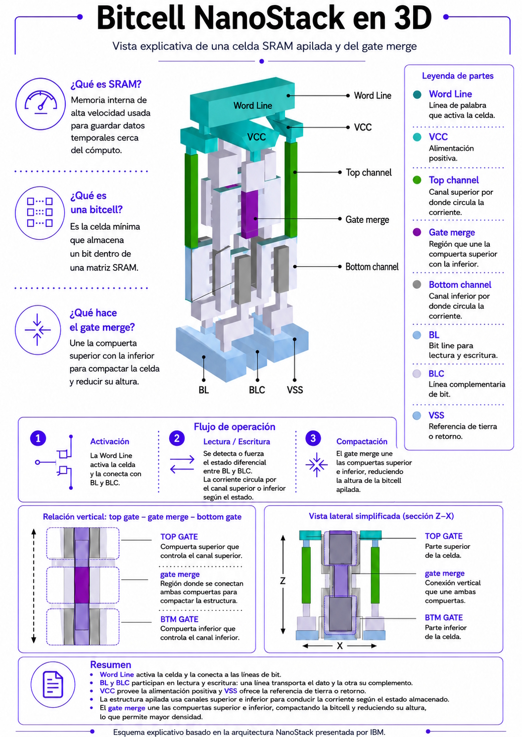 Infografía explicativa de una bitcell SRAM NanoStack en 3D, con la Word Line, las líneas BL/BLC, la alimentación VCC/VSS y el gate merge que conecta las compuertas superior e inferior para compactar la celda | Creada con IA | Elaboración propia con base en IBM.