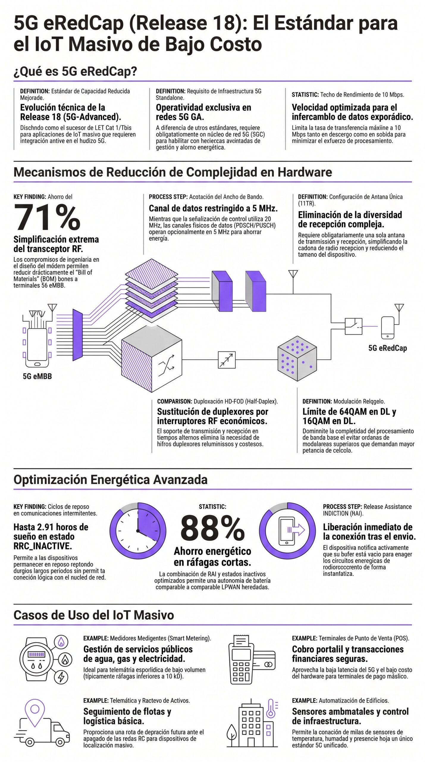 Infografía sobre los fundamentos técnicos, mecanismos de reducción de complejidad en hardware y enfoque en IoT masivo del estándar 5G eRedCap (Release 18). | Creada con Gemini Notebook.