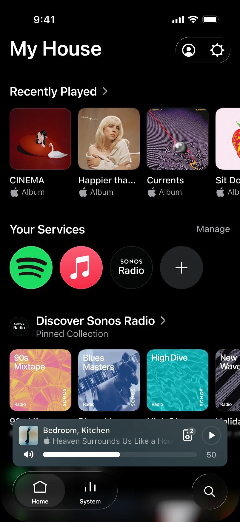 La nueva navegación de Sonos organiza la app en tres pestañas inferiores llamadas Inicio, Sistema y Búsqueda. | Crédito: Sonos vía Reddit.