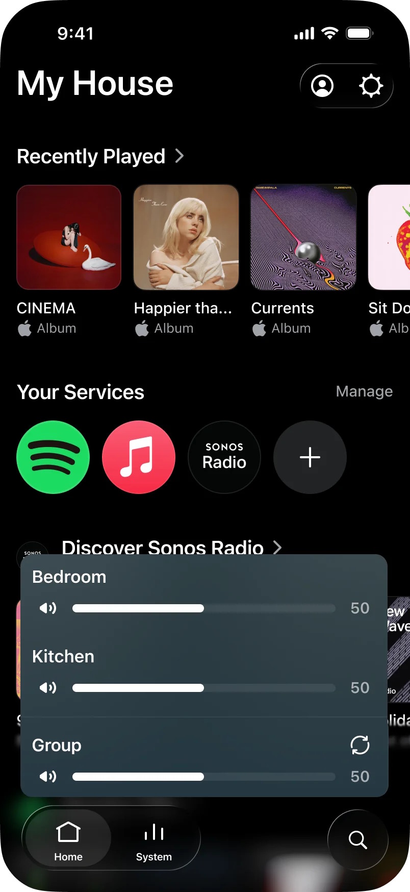 El nuevo panel de volumen muestra controles separados por habitación y una opción para sincronizar el nivel del grupo. | Crédito: Sonos vía Reddit.