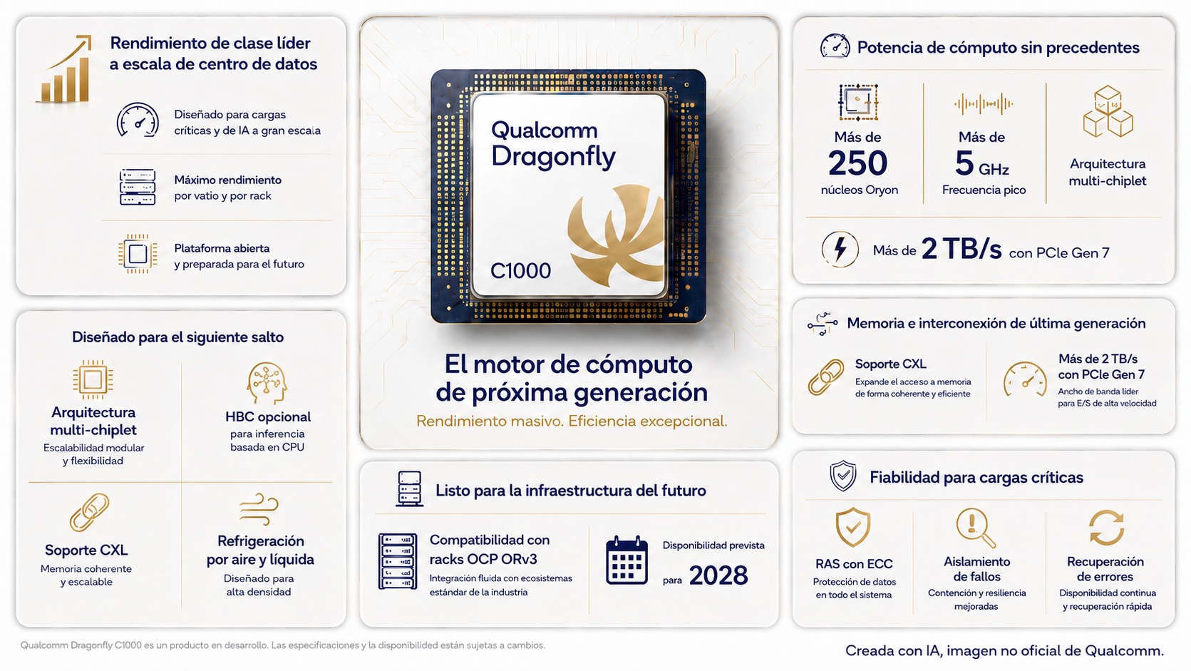 Infografía referencial del Qualcomm Dragonfly C1000. El producto sigue en desarrollo y esta imagen no corresponde a una pieza oficial de Qualcomm. | Creada con IA.