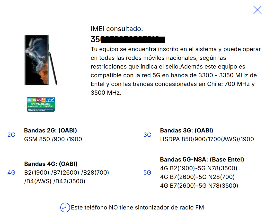 Resultado de la consulta por IMEI en Entel, donde el sello Multibanda incluye el recuadro naranja SAE que indica la compatibilidad del teléfono con el Sistema de Alerta de Emergencia. | Créditos: Pisapapeles.