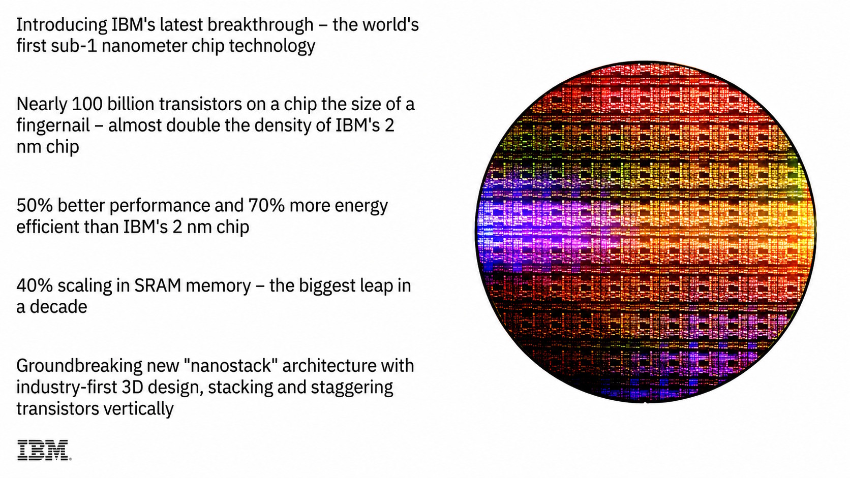 Resumen del anuncio de IBM sobre la tecnología sub-1 nm, con la referencia a casi 100.000 millones de transistores, mejora de rendimiento, eficiencia energética y escalado de SRAM | Créditos: IBM | Vía: Mynavi News
