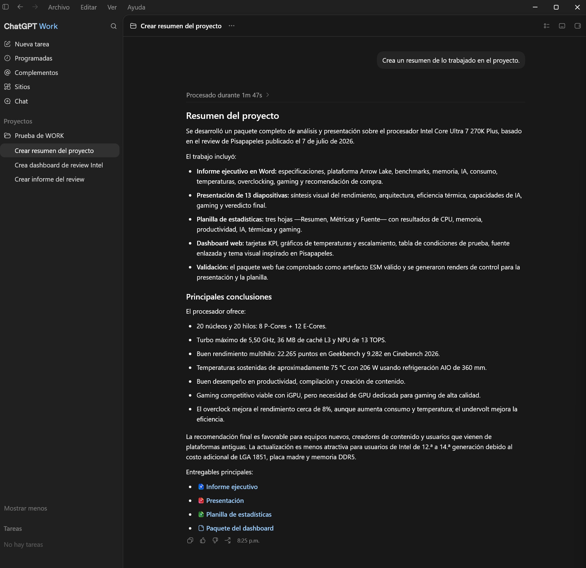 ChatGPT Work puede revisar el contenido reunido en un Proyecto y resumir los entregables, conclusiones y archivos generados en sus distintas conversaciones | Créditos: Pisapapeles