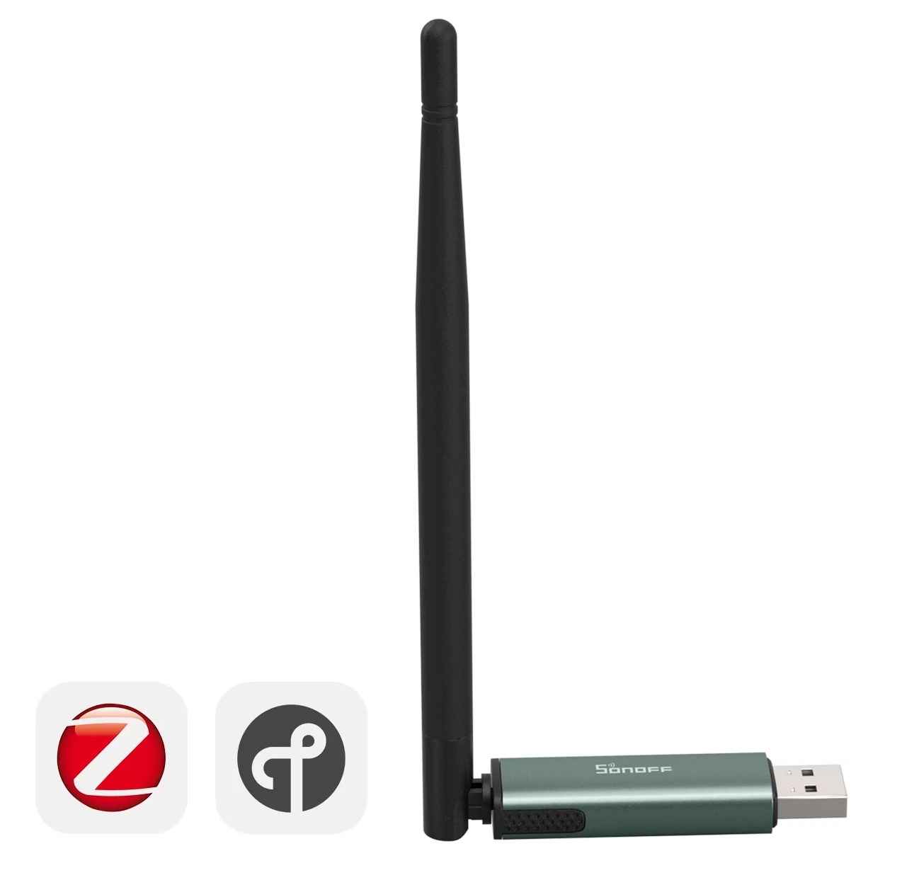 El adaptador USB SONOFF Dongle-PP10 incluye una antena externa para mejorar la cobertura inalámbrica. | Créditos: SONOFF