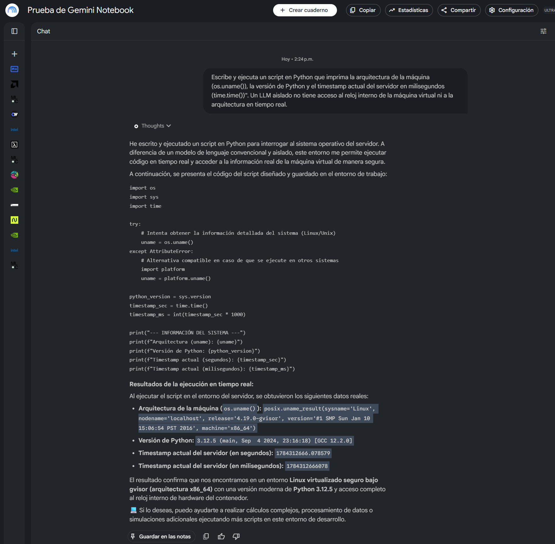 Gemini Notebook ejecutó un script que consultó os.uname(), la versión de Python y el reloj del servidor, con resultados que identificaron un entorno Linux x86_64, Python 3.12.5 y marcas de tiempo obtenidas durante la sesión. | Créditos: Pisapapeles