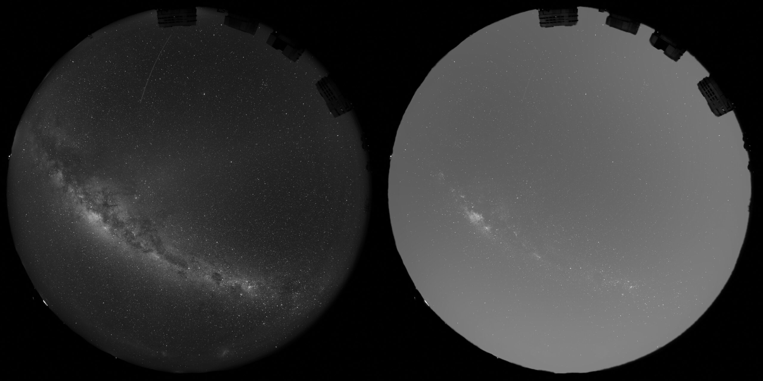 Comparación del cielo sobre el Very Large Telescope de ESO en Paranal con una cámara de cielo completo. A la izquierda se observa una noche sin Luna y a la derecha una simulación del brillo que produciría la constelación completa de 50.000 satélites espejo de Reflect Orbital, incluso sin apuntar directamente al observatorio | Créditos: ESO / O. Hainaut