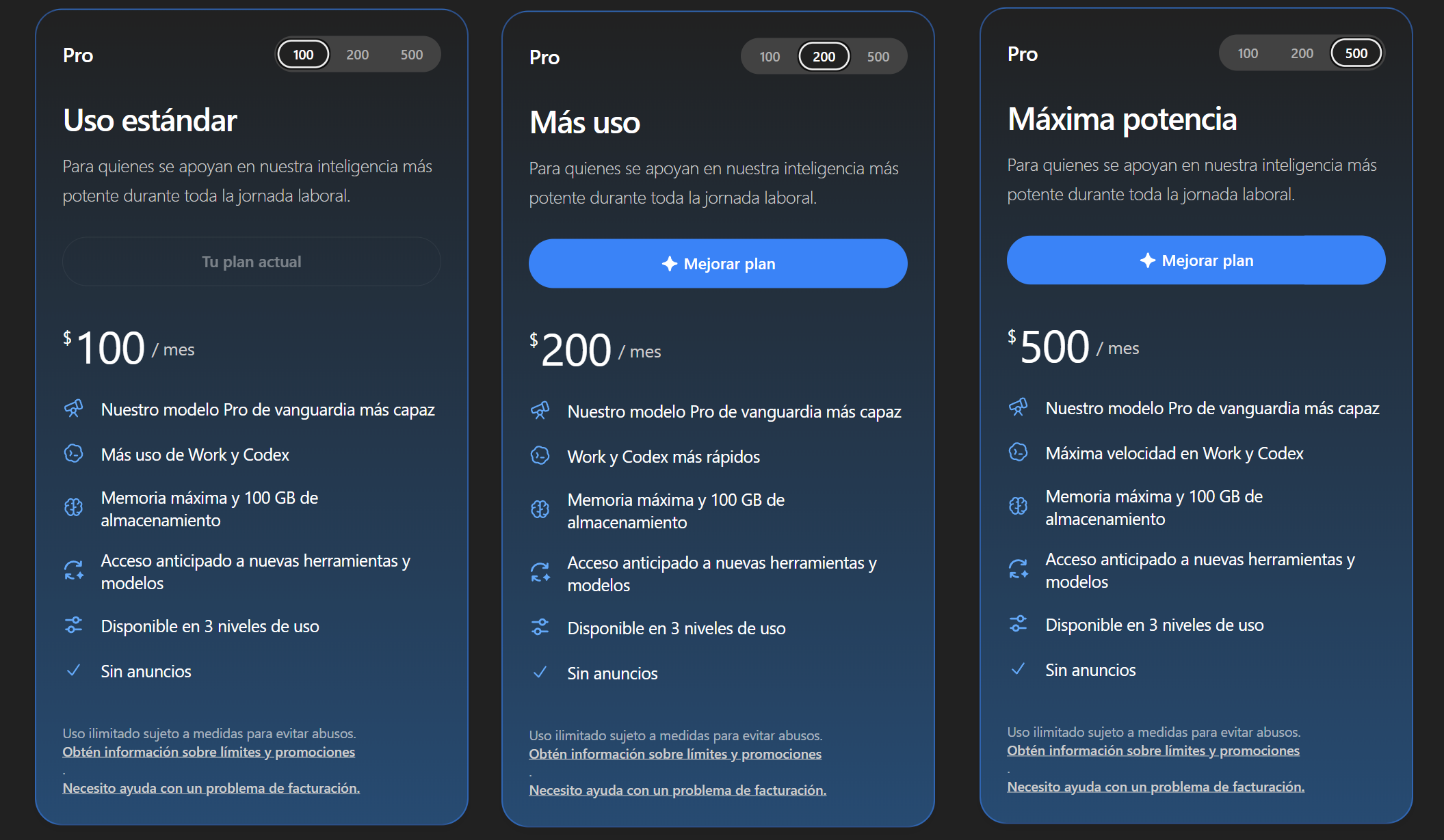 OpenAI muestra tres niveles de ChatGPT Pro: Uso estándar por US$100, Más uso por US$200 y Máxima potencia por US$500 mensuales. | Créditos: OpenAI