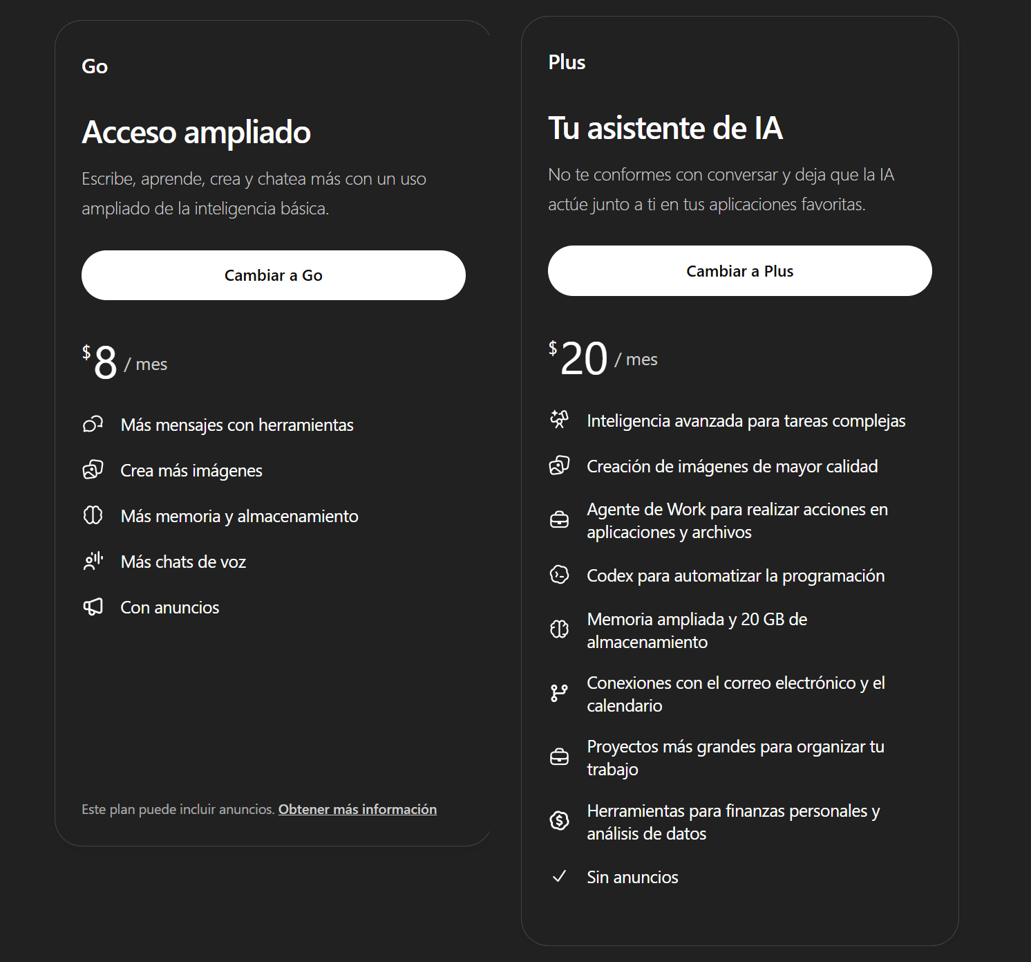 Go y Plus: La captura compara Go a US$8 mensuales con Plus a US$20 y muestra las funciones incluidas en cada plan. | Créditos: OpenAI.