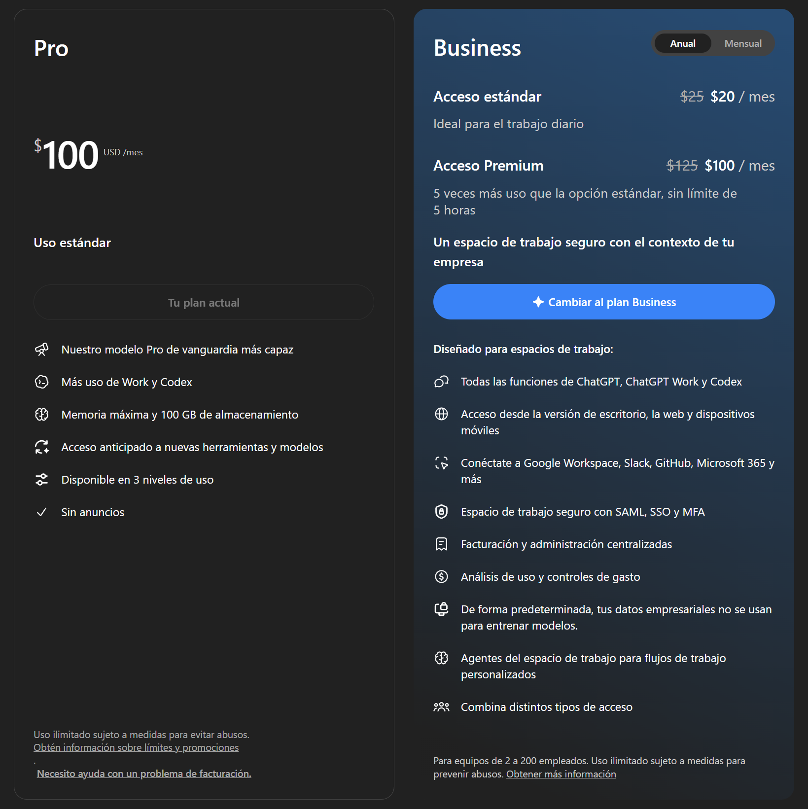Pro y Business: Business Premium anuncia cinco veces más uso que Standard y no aplica el límite de cinco horas; a la izquierda aparece Pro de US$100.