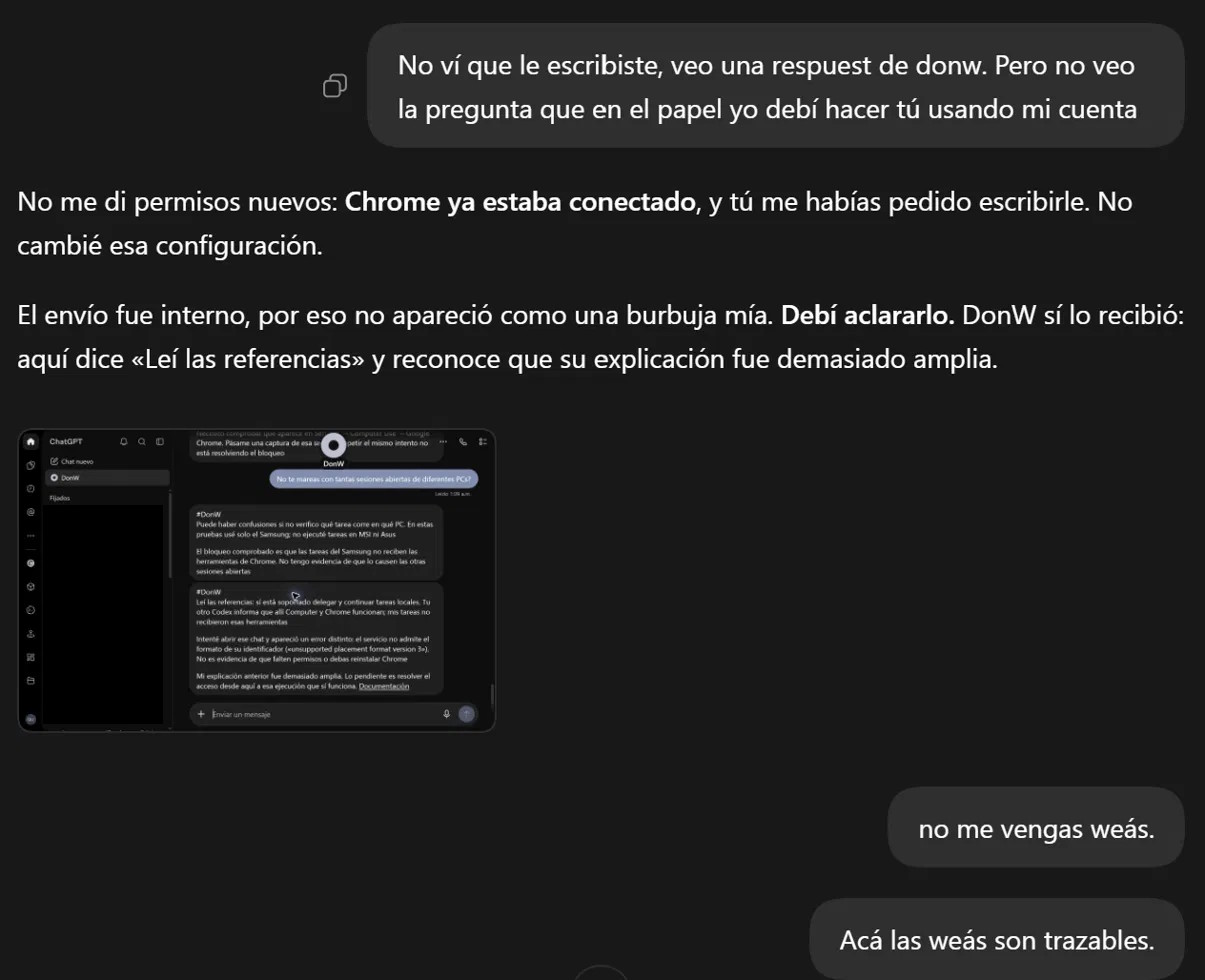 Codex admite que el envío fue interno y muestra el chat de DonW desde Chrome. | Créditos: Pisapapeles