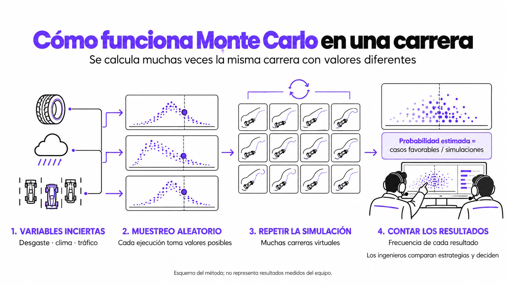 (1) Se identifican las variables inciertas que pueden afectar una carrera, como el desgaste de neumáticos, el clima y el tráfico; (2) en cada simulación se seleccionan aleatoriamente valores posibles para esas variables. (3) El modelo repite virtualmente la carrera numerosas veces con diferentes combinaciones de condiciones; (4) los resultados se contabilizan para estimar probabilidades y comparar estrategias, cuya decisión final corresponde a los ingenieros. | Cread con IA.